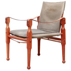 Teak Midcentury Danish Design Safari Chair in Green Canvas and Leather, 1950s