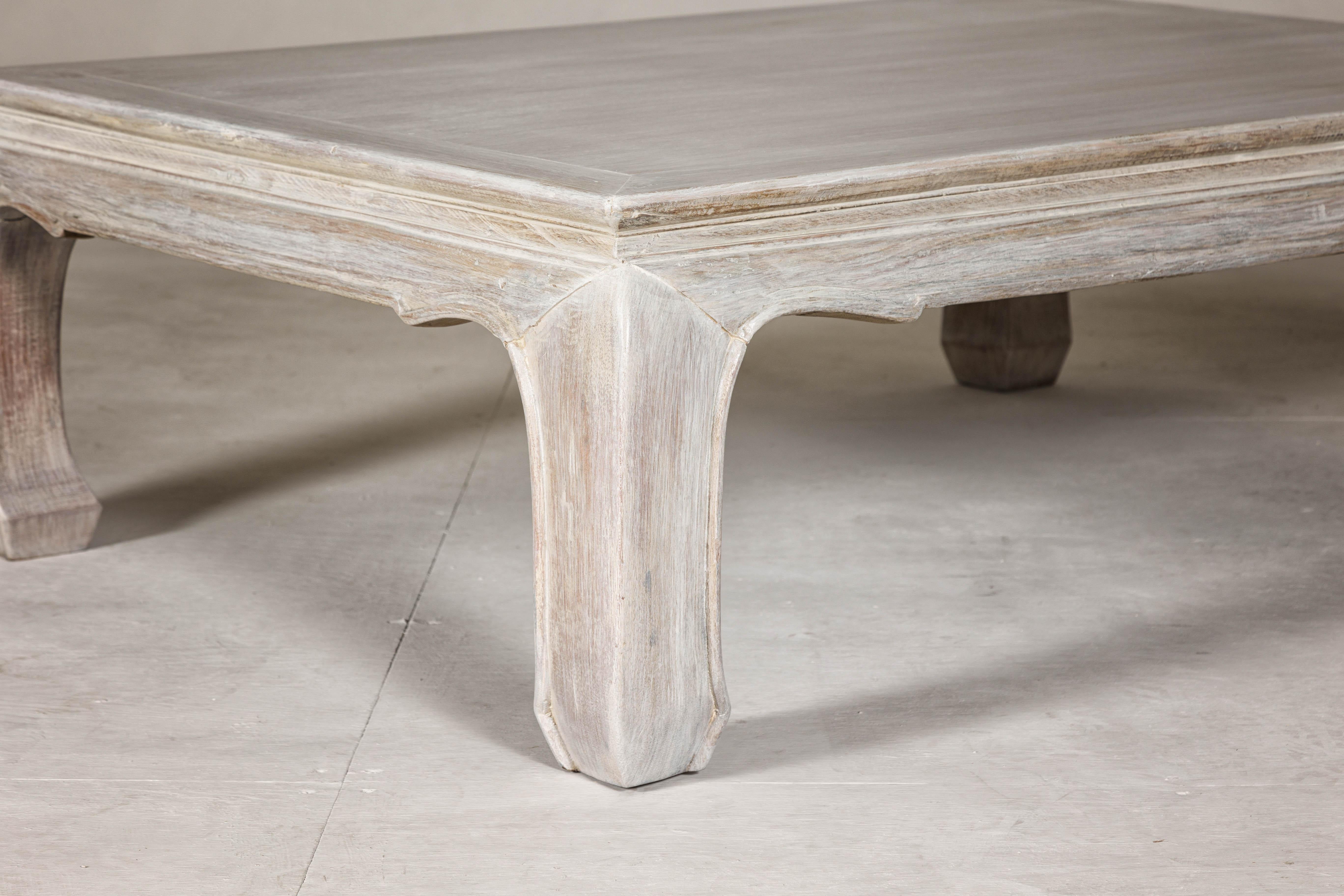 Teak Ming Style Whitewash Coffee Table with Chow Legs and Carved Apron For Sale 4