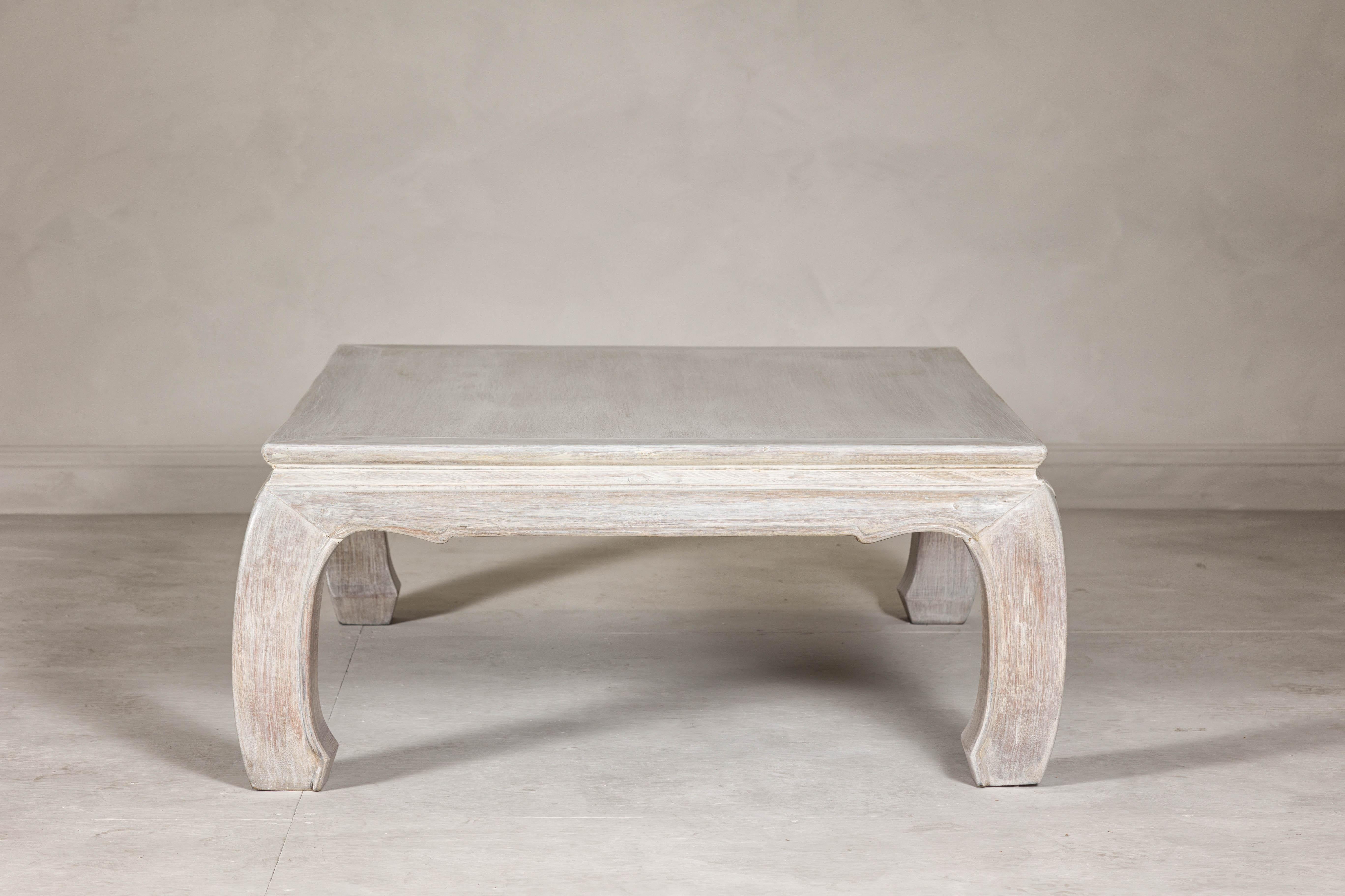 Teak Ming Style Whitewash Coffee Table with Chow Legs and Carved Apron For Sale 5