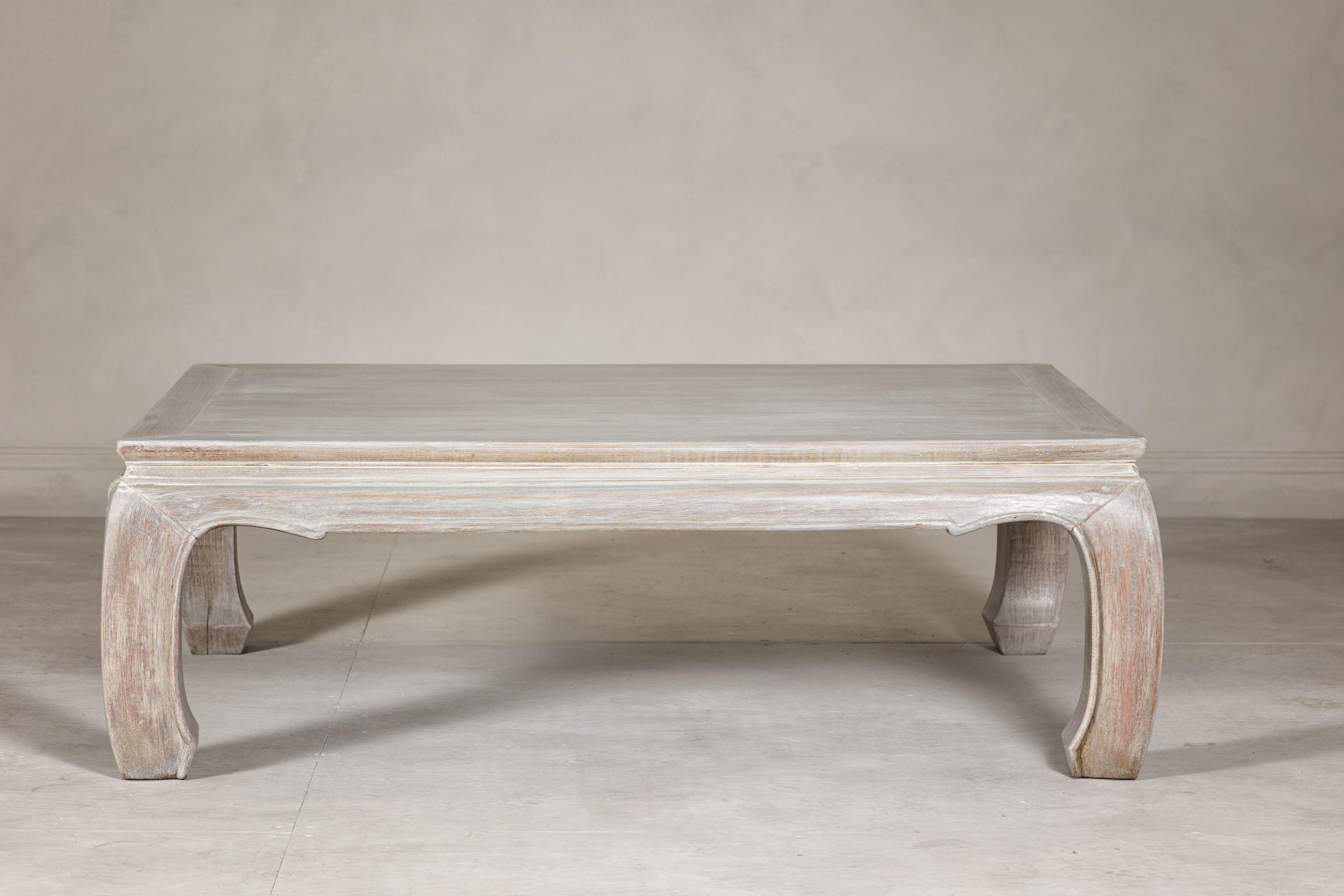 Teak Ming Style Whitewash Coffee Table with Chow Legs and Carved Apron For Sale 6