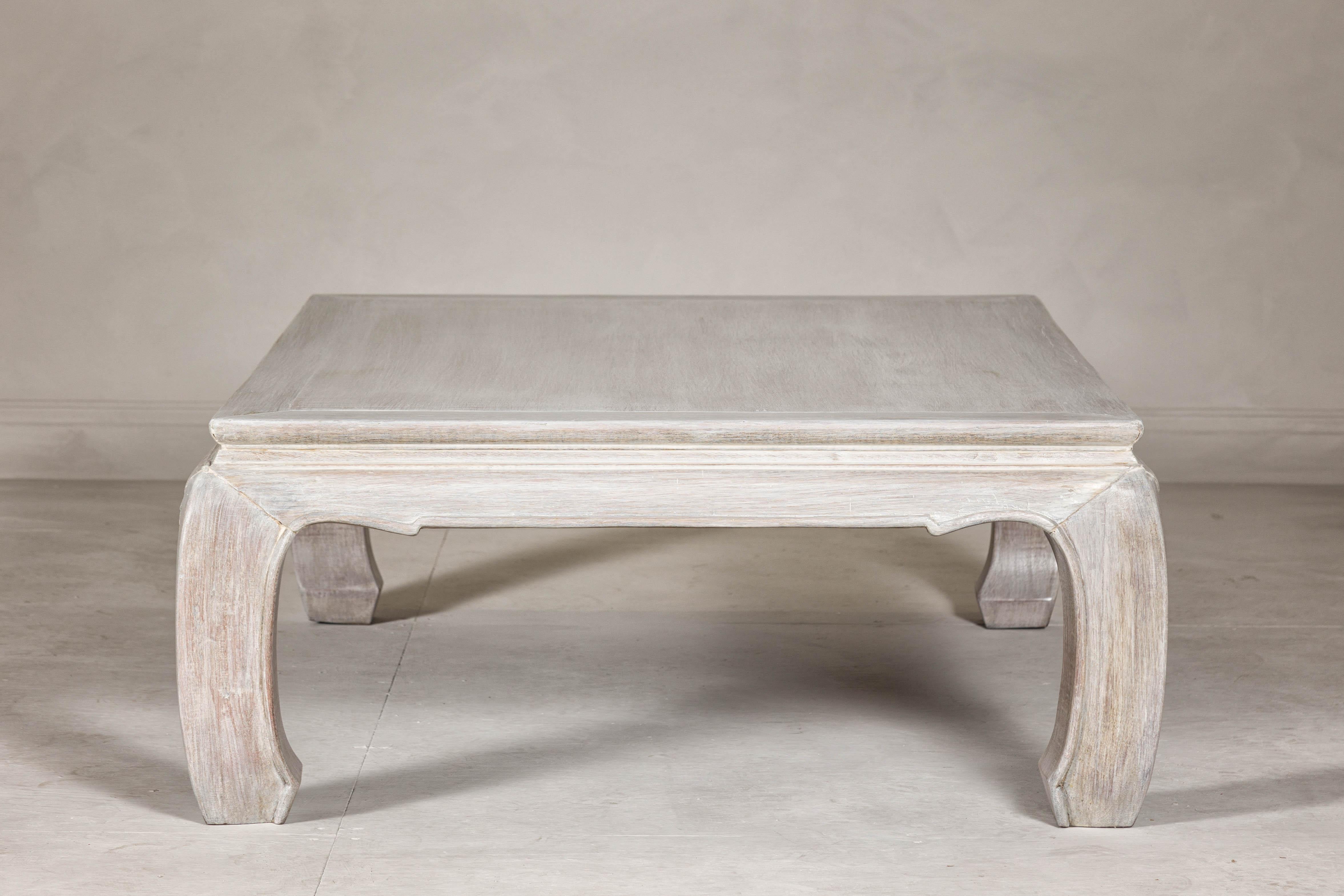 Teak Ming Style Whitewash Coffee Table with Chow Legs and Carved Apron For Sale 8