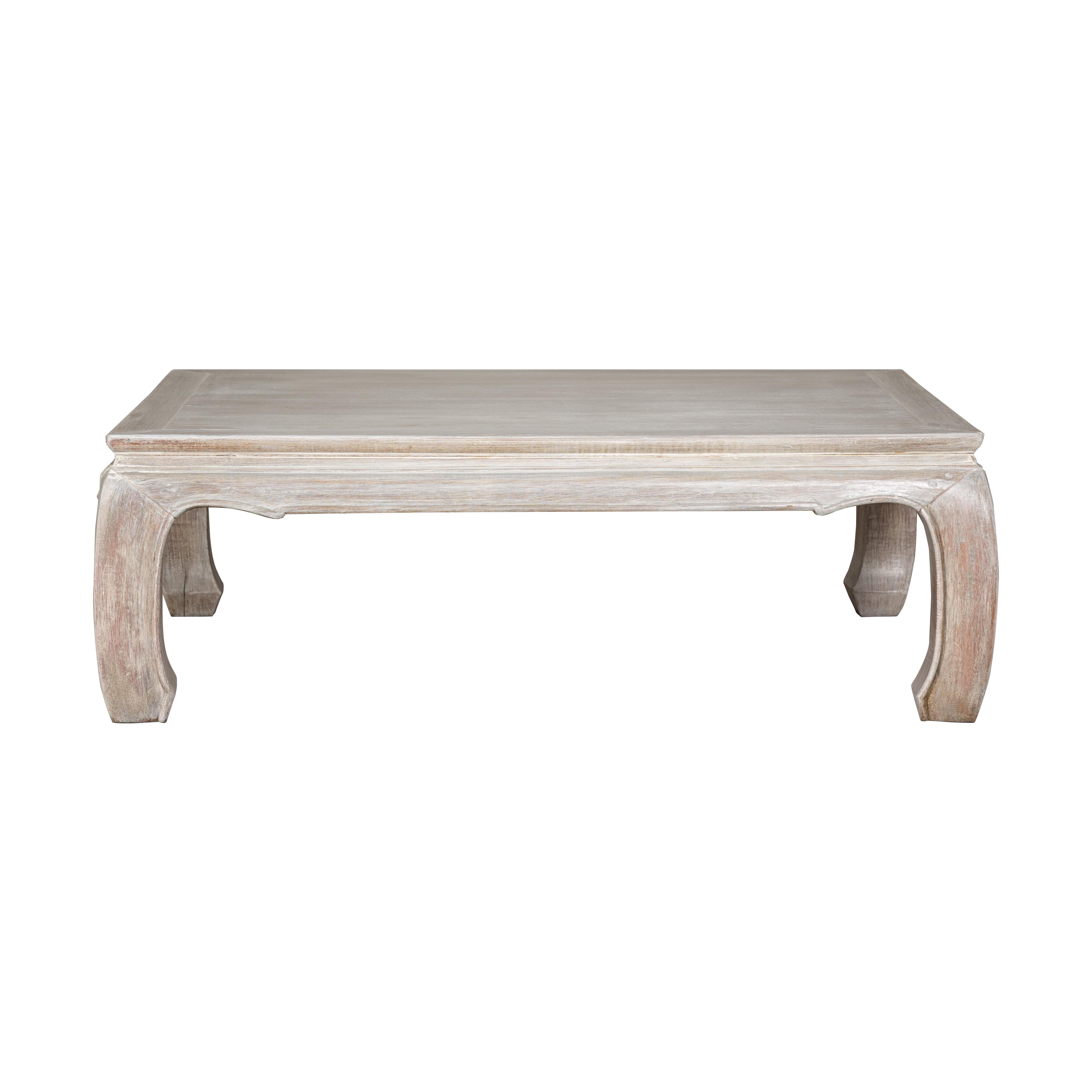 Teak Ming Style Whitewash Coffee Table with Chow Legs and Carved Apron For Sale 10