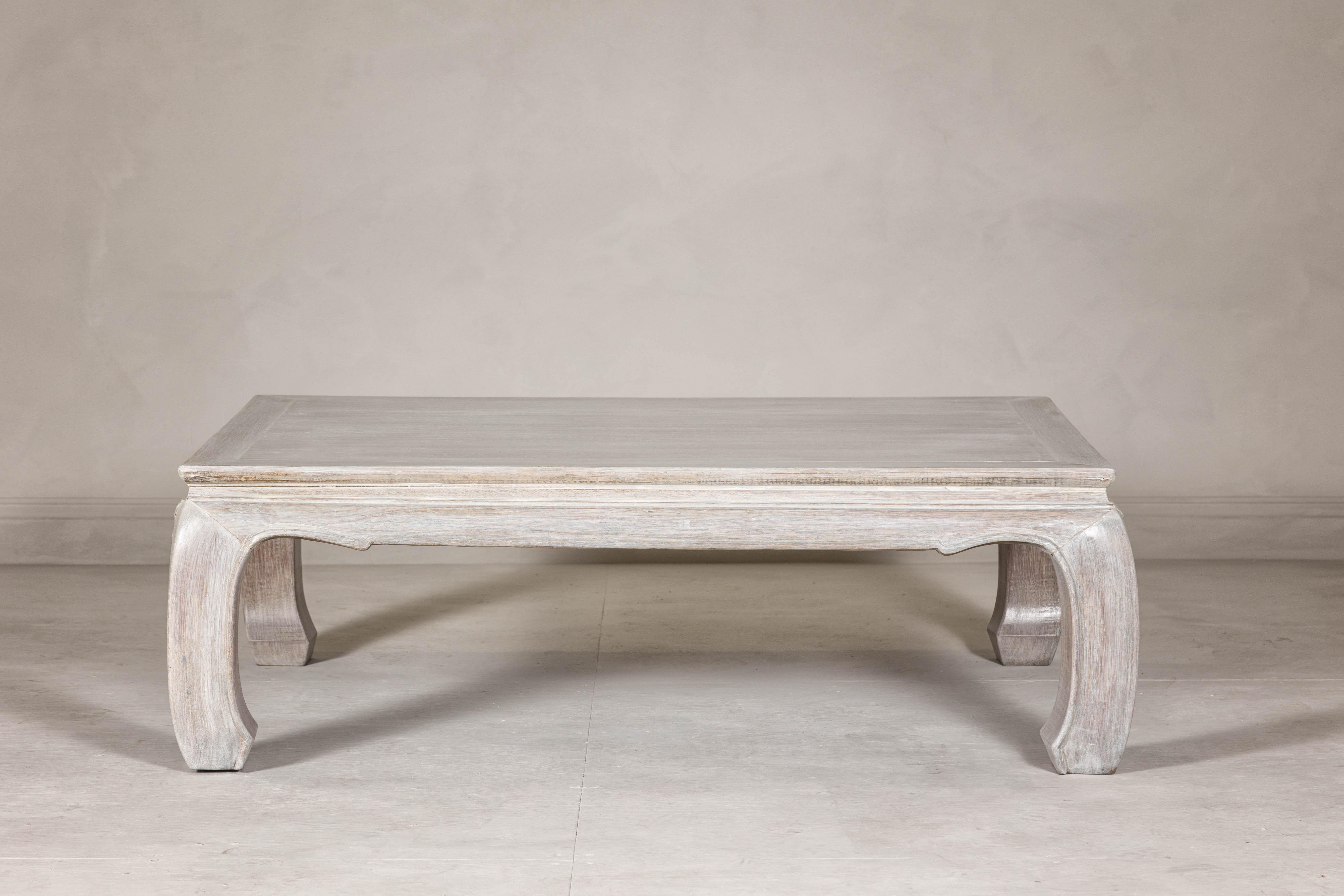 Thai Teak Ming Style Whitewash Coffee Table with Chow Legs and Carved Apron For Sale