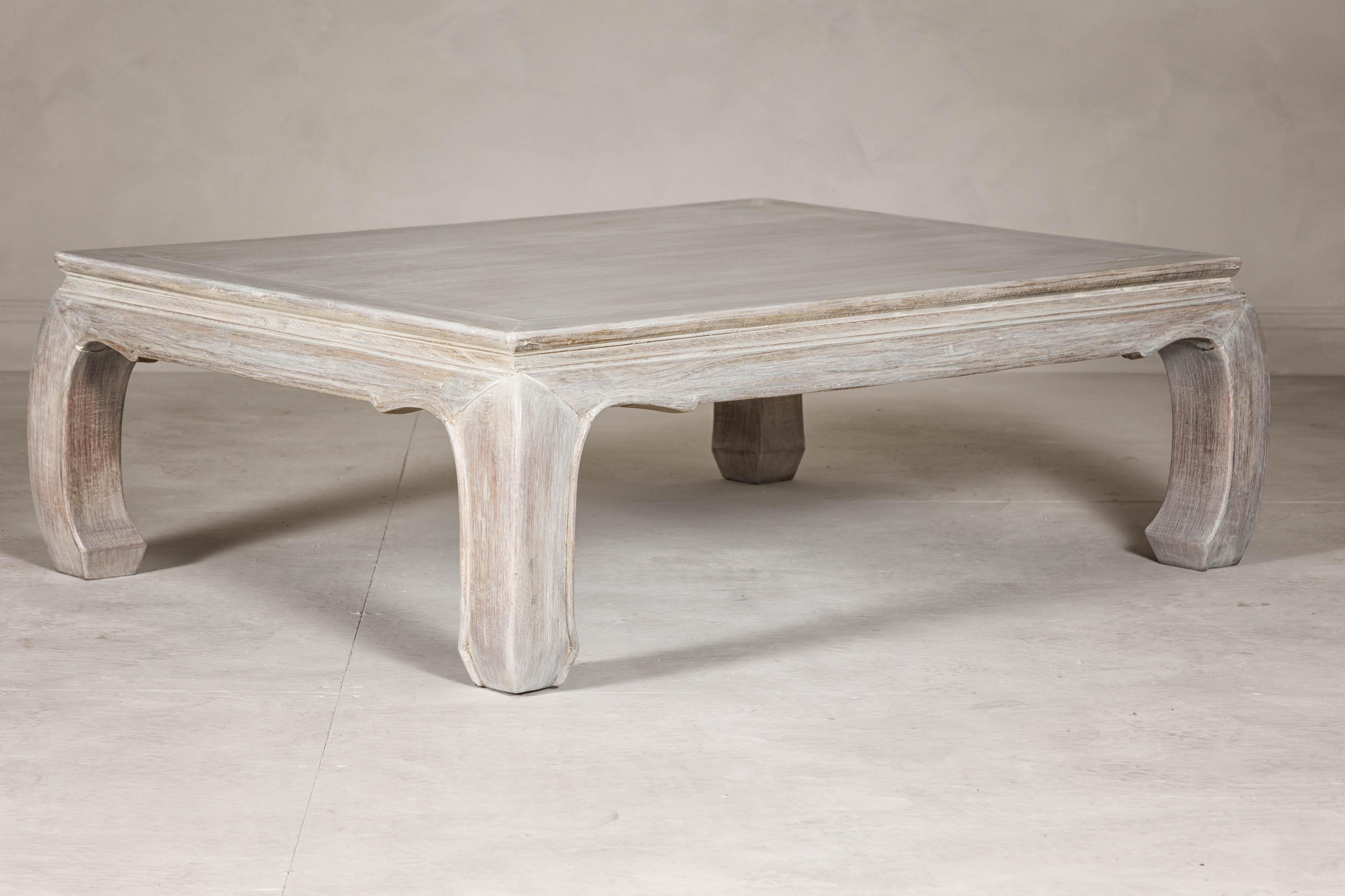 Teak Ming Style Whitewash Coffee Table with Chow Legs and Carved Apron For Sale 2