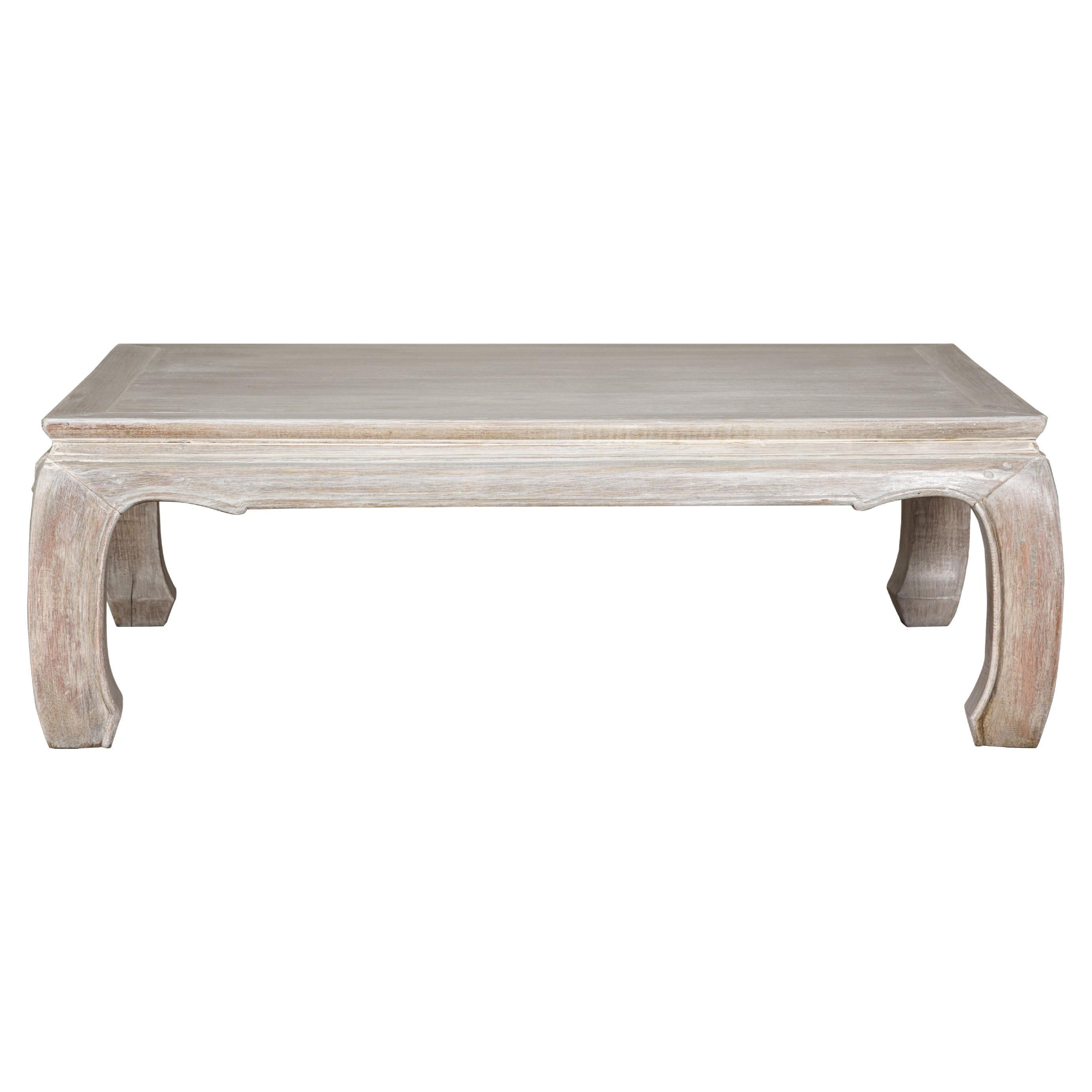 Teak Ming Style Whitewash Coffee Table with Chow Legs and Carved Apron