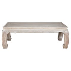 Retro Teak Ming Style Whitewash Coffee Table with Chow Legs and Carved Apron