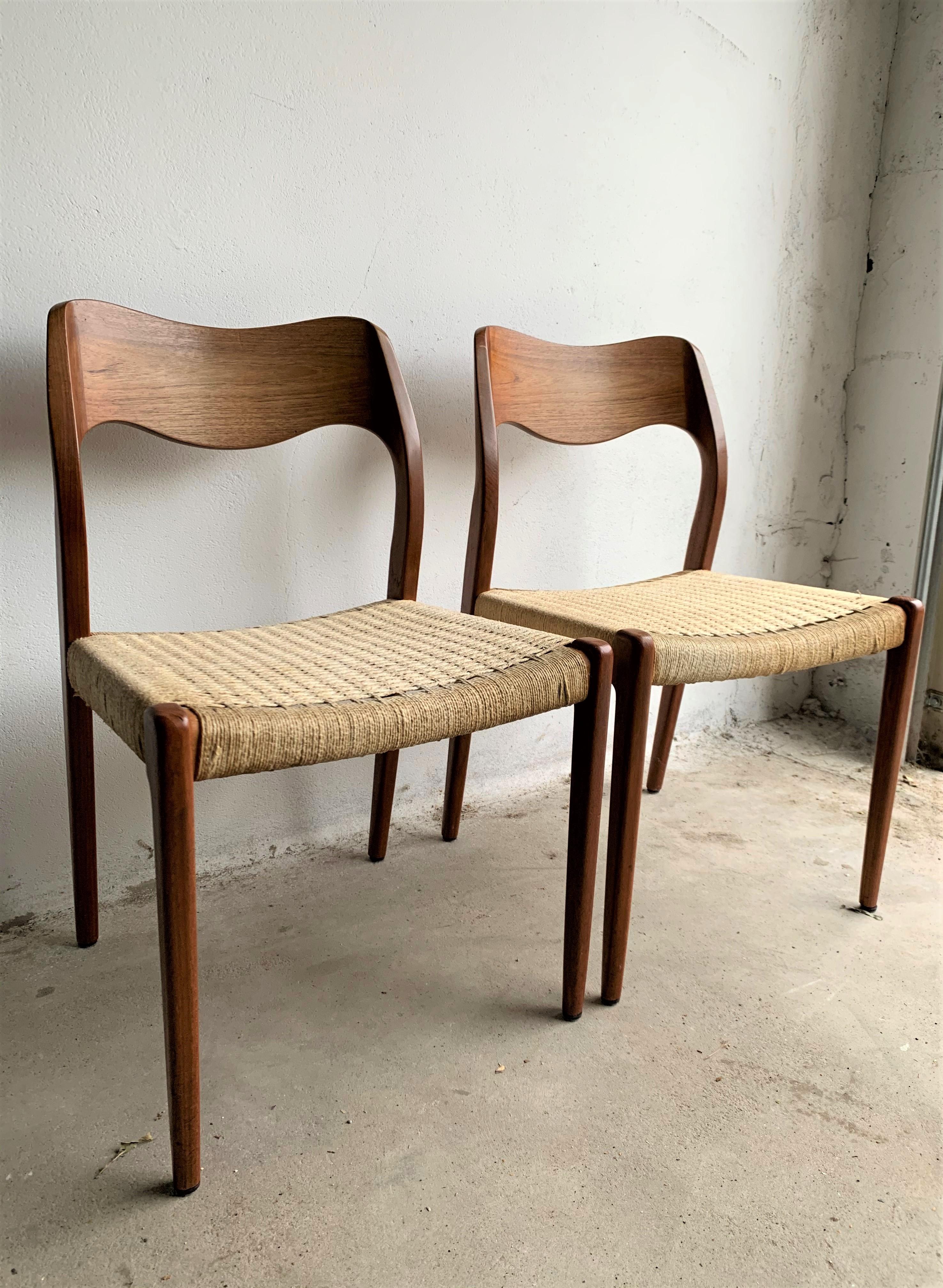 Danish 20th Century Vintage Teak Paper Cord No.71 Dining Chairs by Niels O. Møller