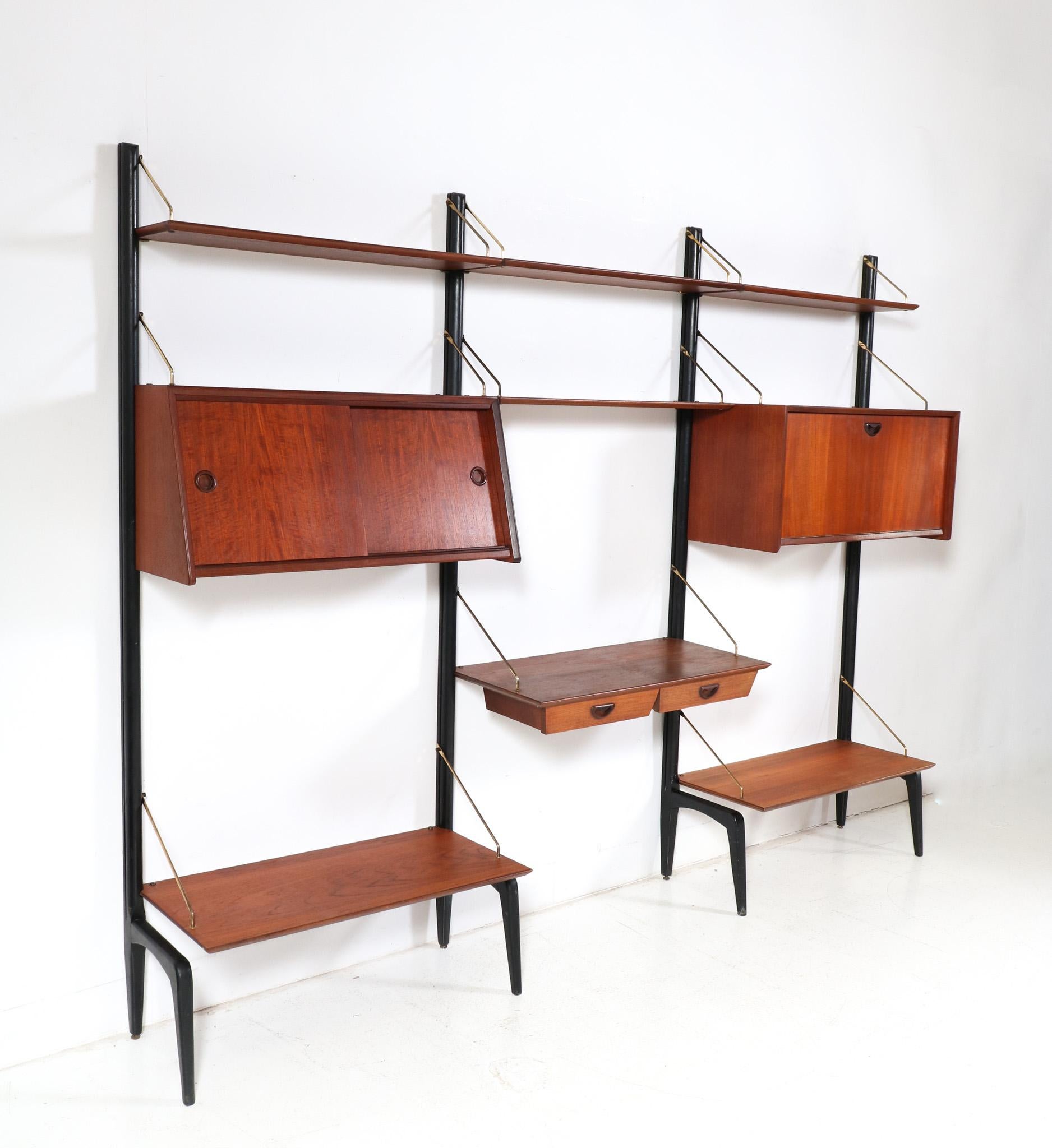 Brass Teak Modular Mid-Century Modern Wall Unit by Louis van Teeffelen for WéBé, 1950s For Sale