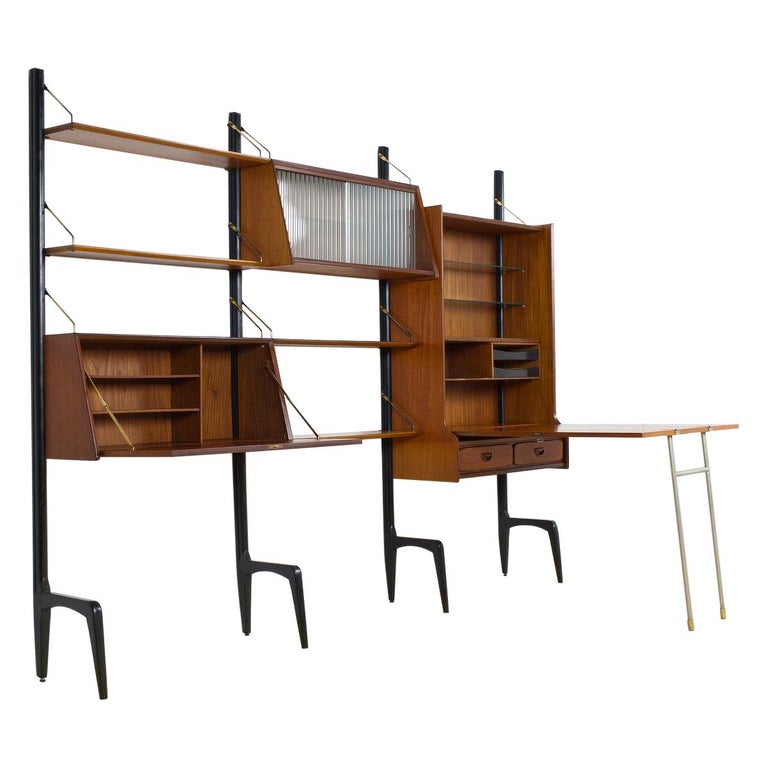 Teak Modular Wall Unit with Large Table/ Desk Unit by Louis Van Teeffelen, 1950s For Sale