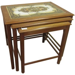 Teak Nesting Table with Hand-Painted Ceramic Tiles from Denmark