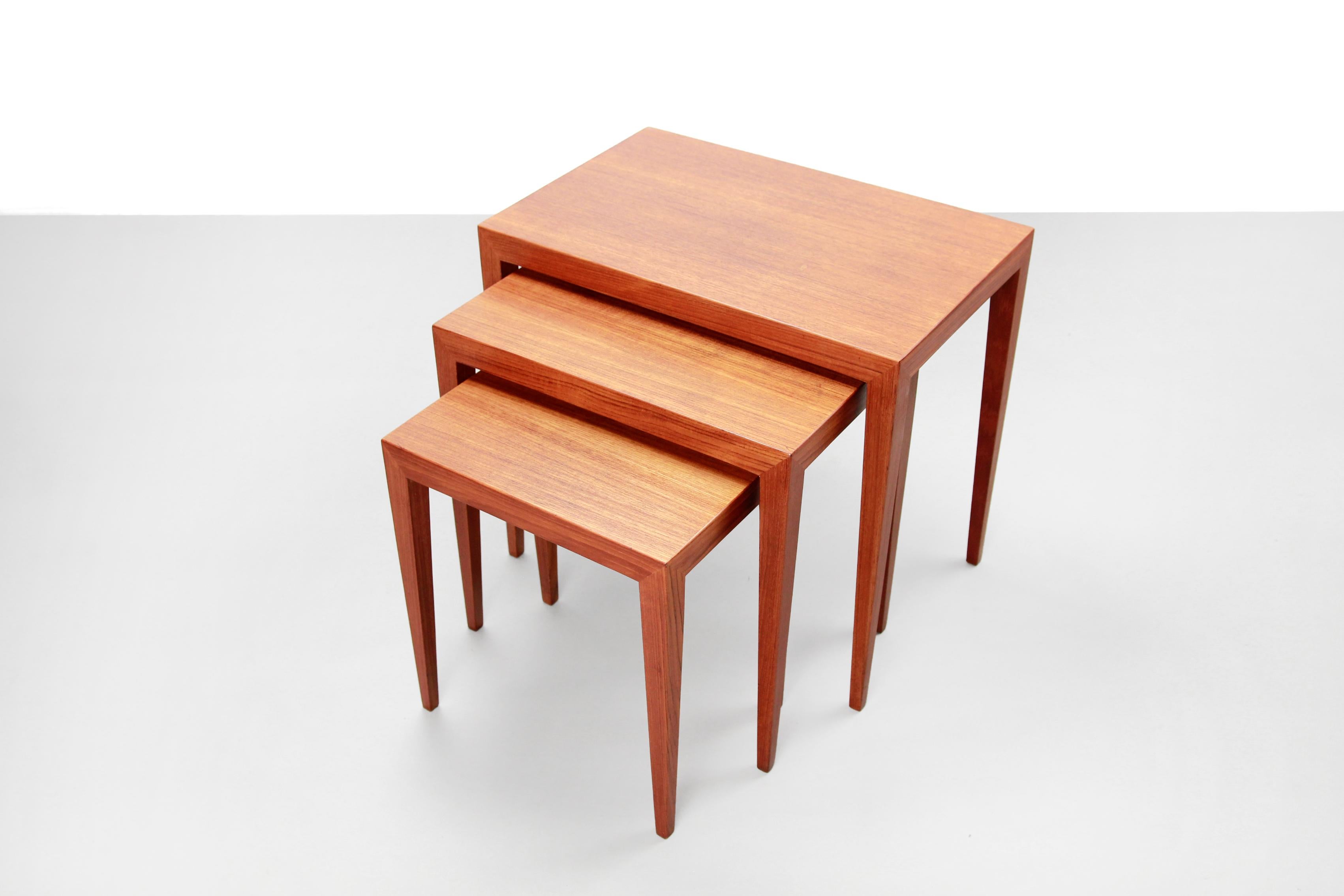 Beautiful set of 3 teak nesting tables designed by Severin Hansen. Well made and with amazing details. Great Danish design and a unique set. All the tables are restored and are in superb condition.
