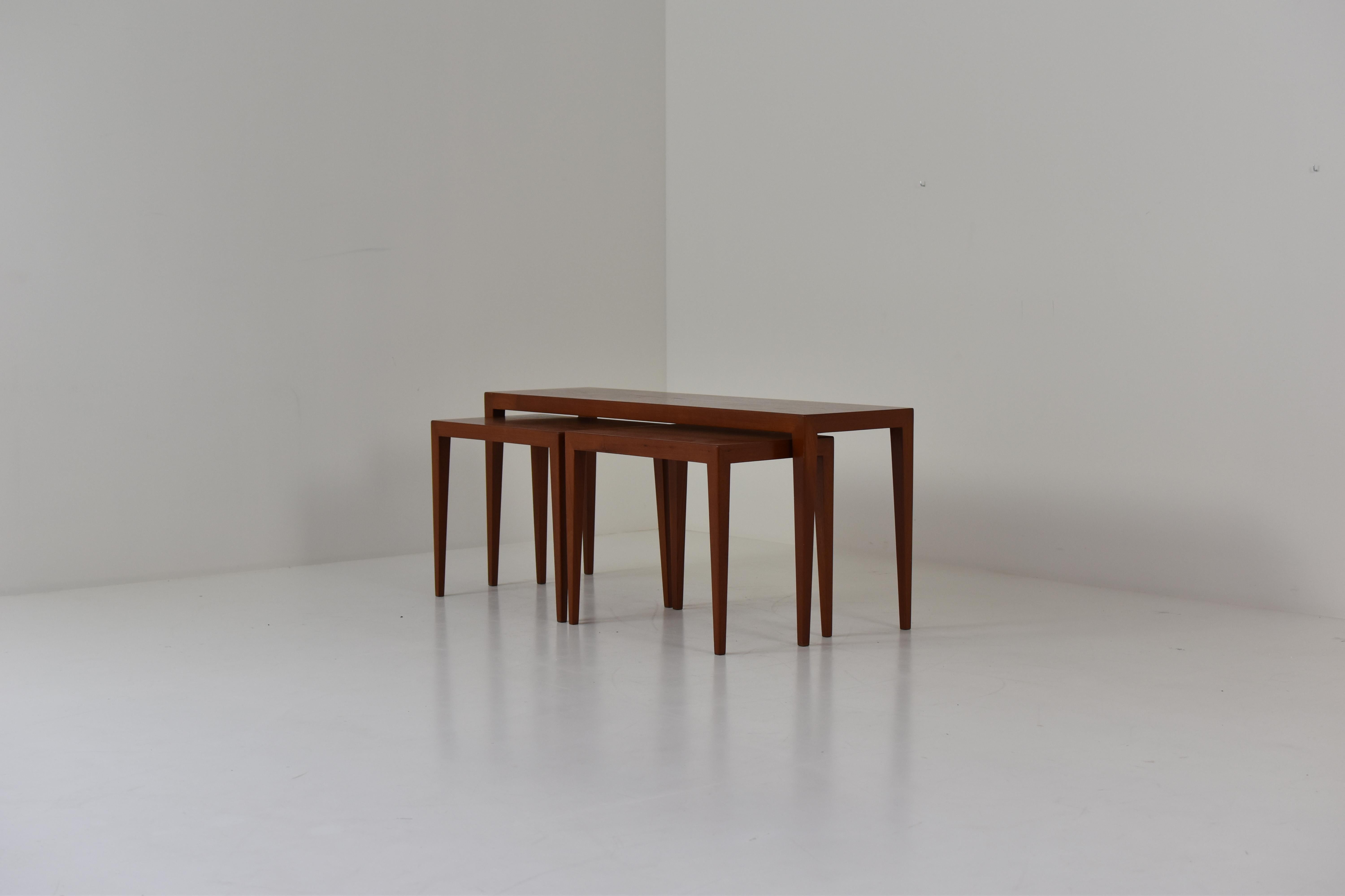 Set of three teak nesting tables designed by Severin Hansen Jr. for Haslev Møbelsnedkeri, Denmark 1960’s. Model no. 41A & 41B. Restored with love.