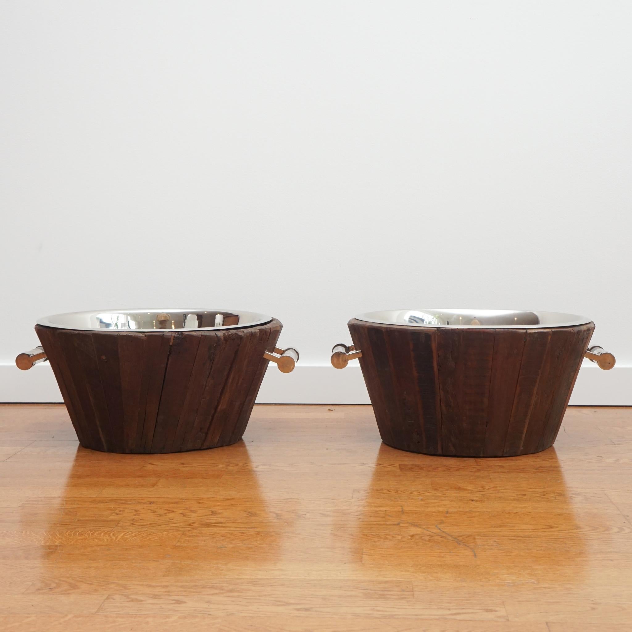 Machine-Made Teak Planters with Metal Inserts For Sale