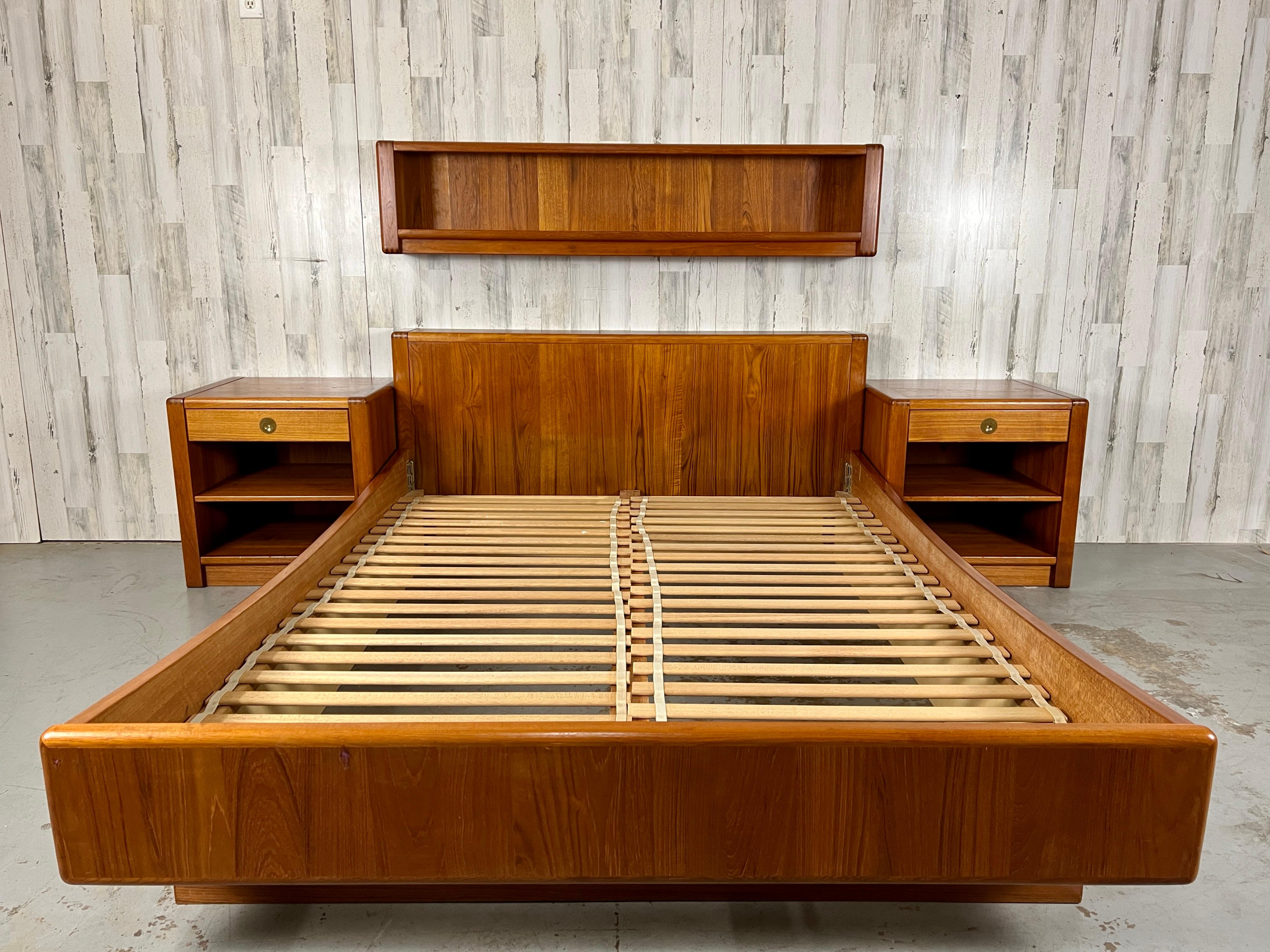 D-Scan captain line teak bed & nightstands- queen size. Sleek curved side rails, headboard with storage & detached nigh-stands with brass pulls.

Headboard only: 63.38 L x 6.75 D x 31 H
Each nightstand: 23.88 L x 19.75 D x 24 H
Floating Shelf:
