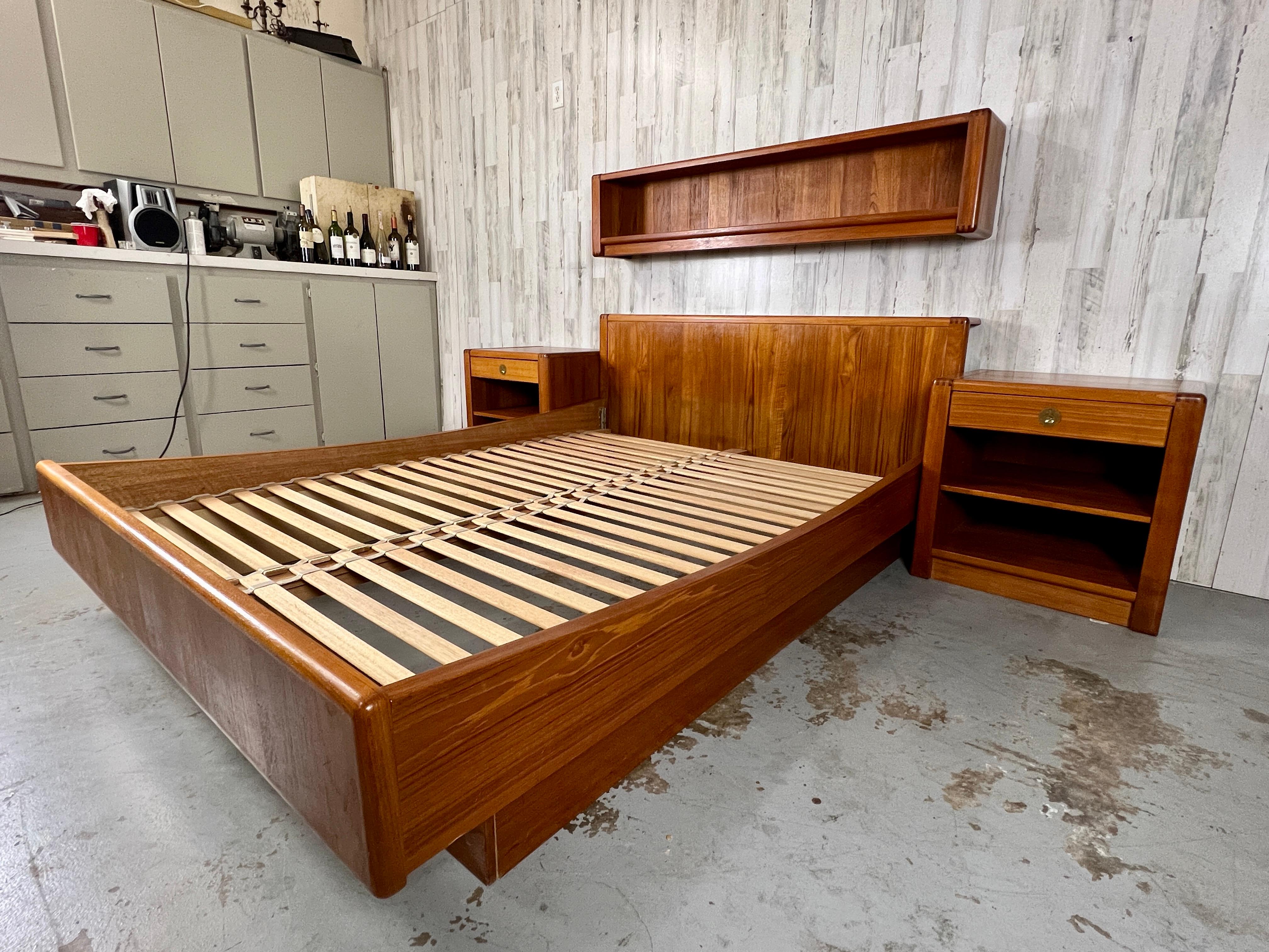 Brass Teak Queen Bed and Night Stands with Floating Bookcase