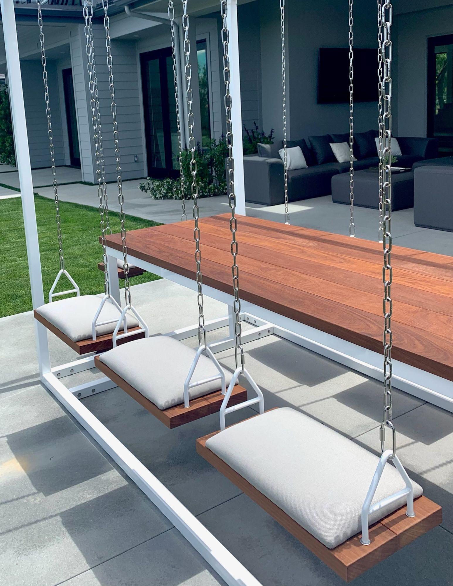 Powder-Coated Teak Rectangle 8-Seater Swing Table For Sale