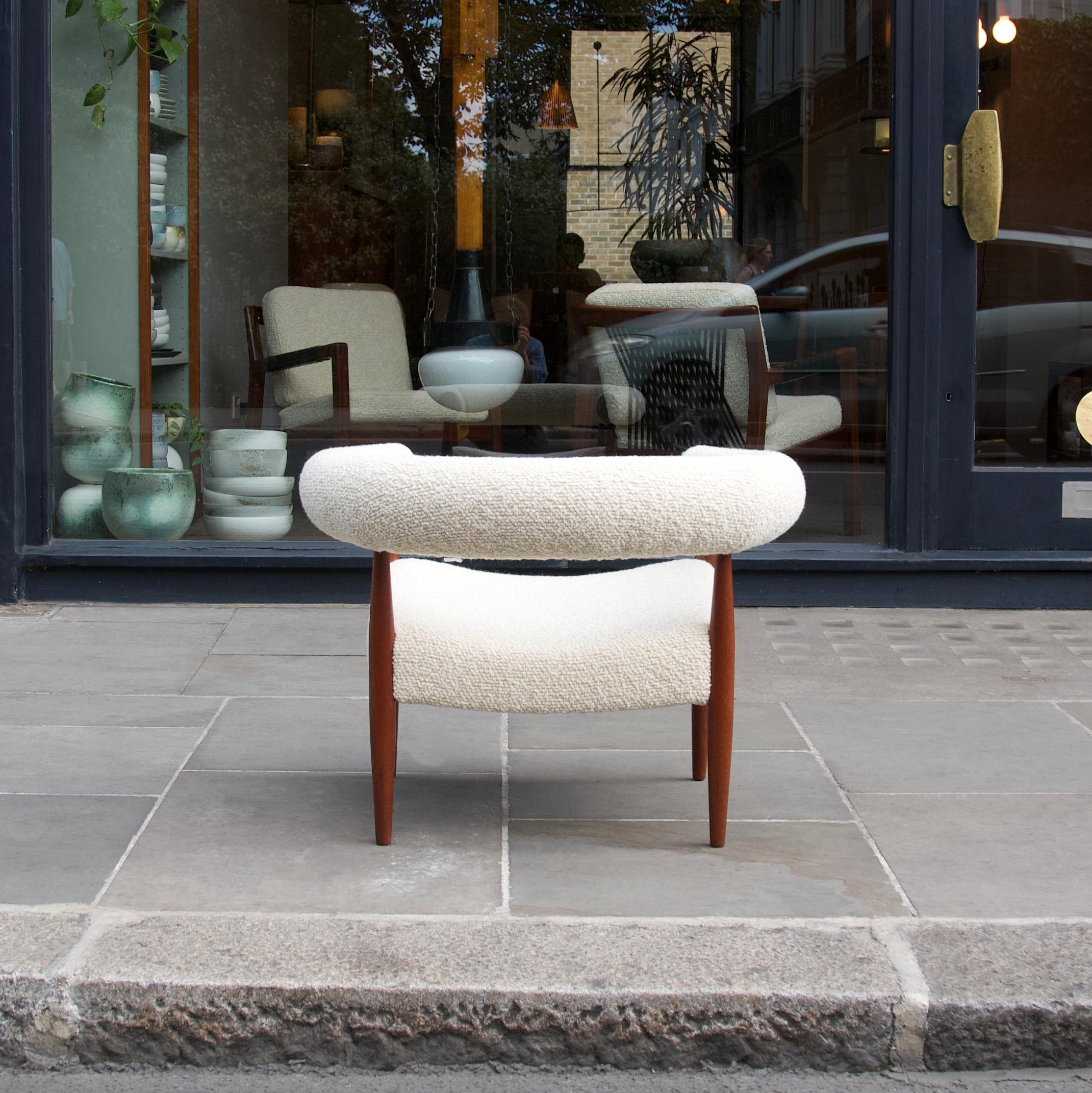 Bouclé Teak 'Ring’ Armchair Nanna & Jørgen Ditzel, Denmark, 1950s