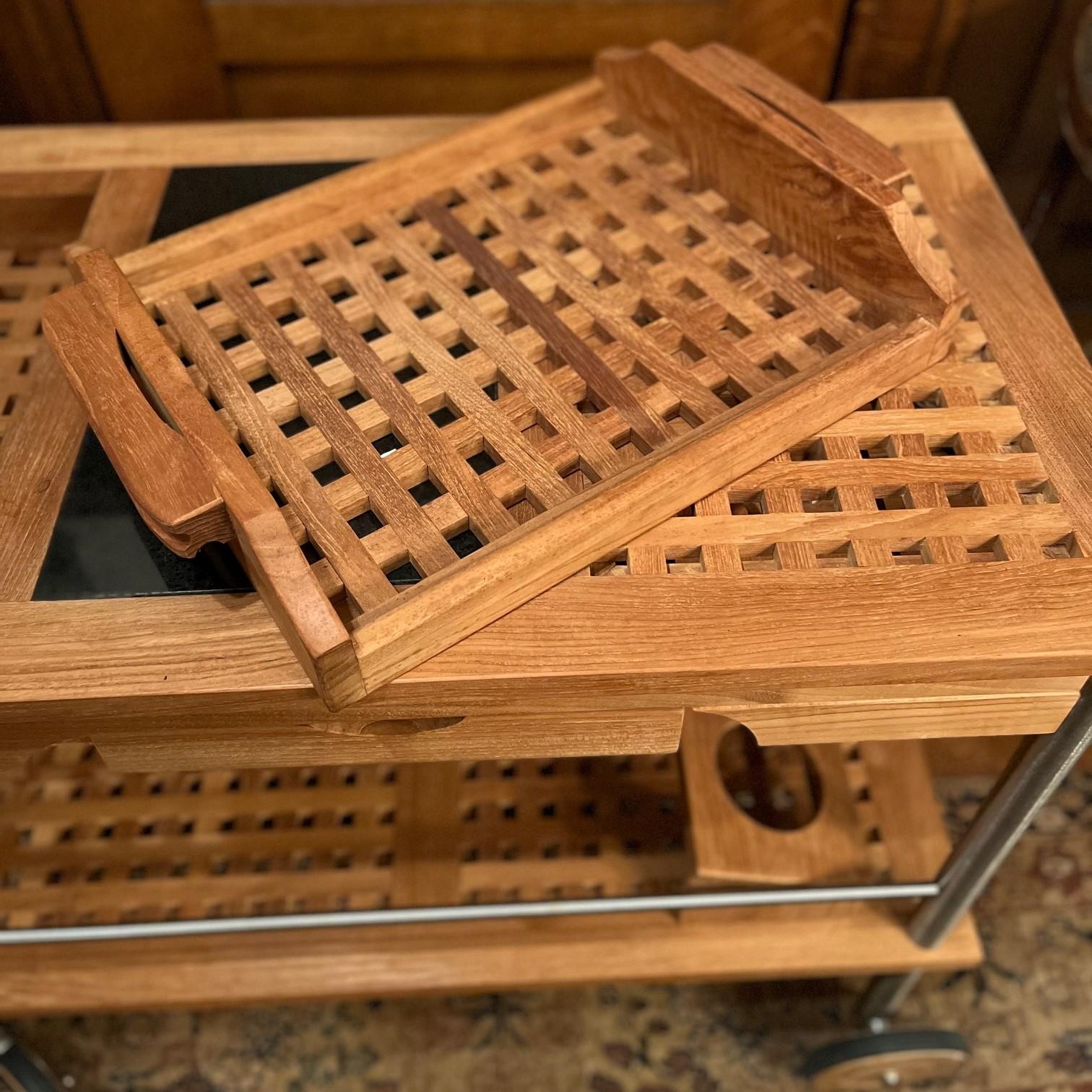 Joinery Teak Rolling Dry Bar With Granite Board, Glass/Bottle Storage and Removable Tray For Sale