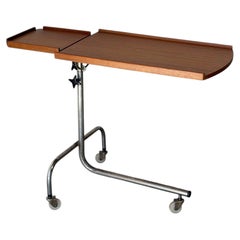 Teak Rolling Side Table with Adjustable Height Chrome Base Vintage 1960s