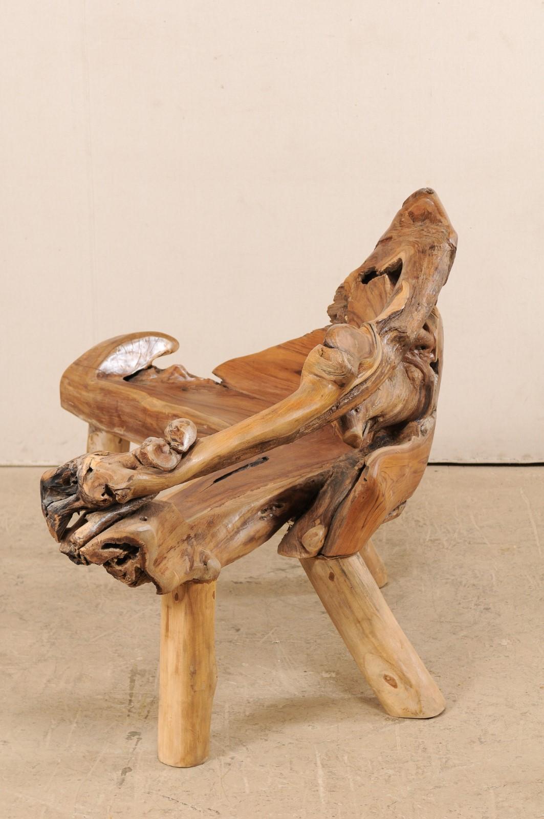 Teak Root and Limb Bench with Angular Shape and Live Edges For Sale 1
