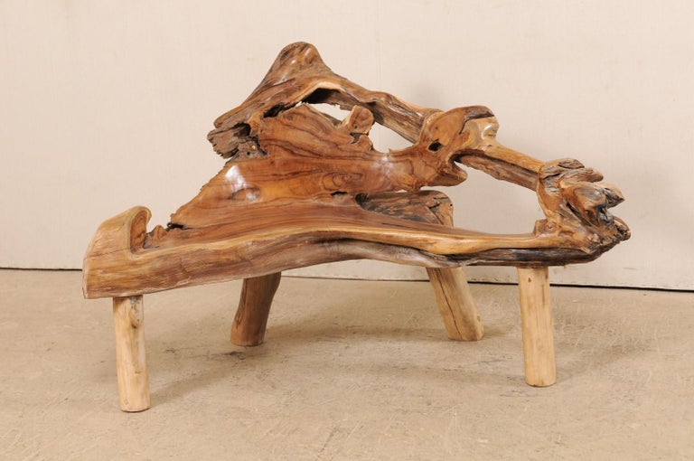 Teak Root And Limb Bench With Angular Shape And Live Edges For