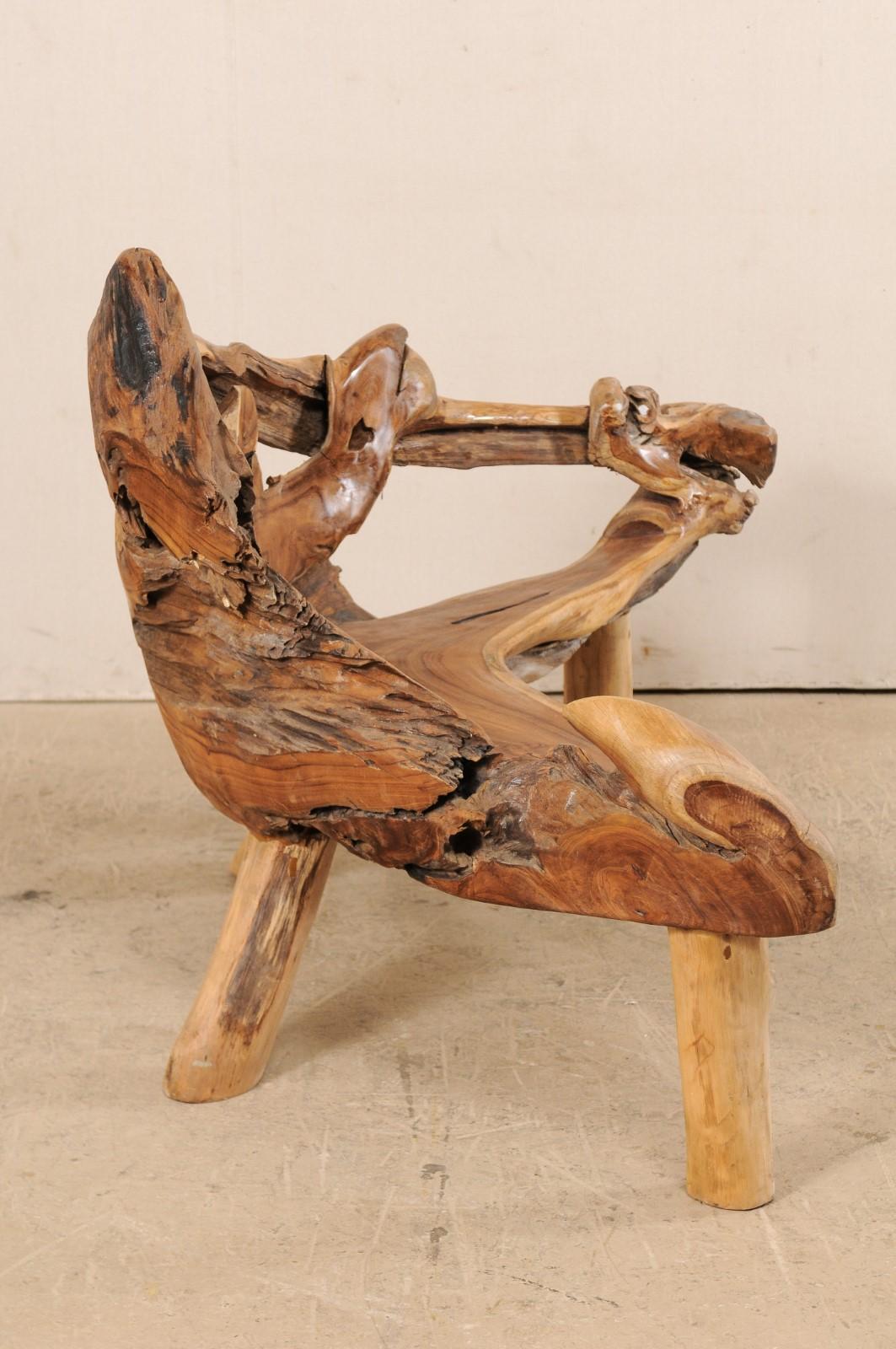 Contemporary Teak Root and Limb Bench with Angular Shape and Live Edges For Sale
