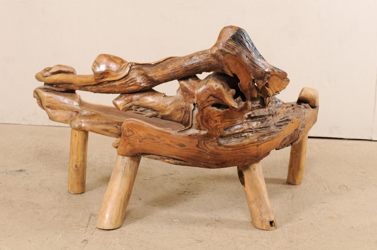 Wood Teak Root and Limb Bench with Angular Shape and Live Edges For Sale