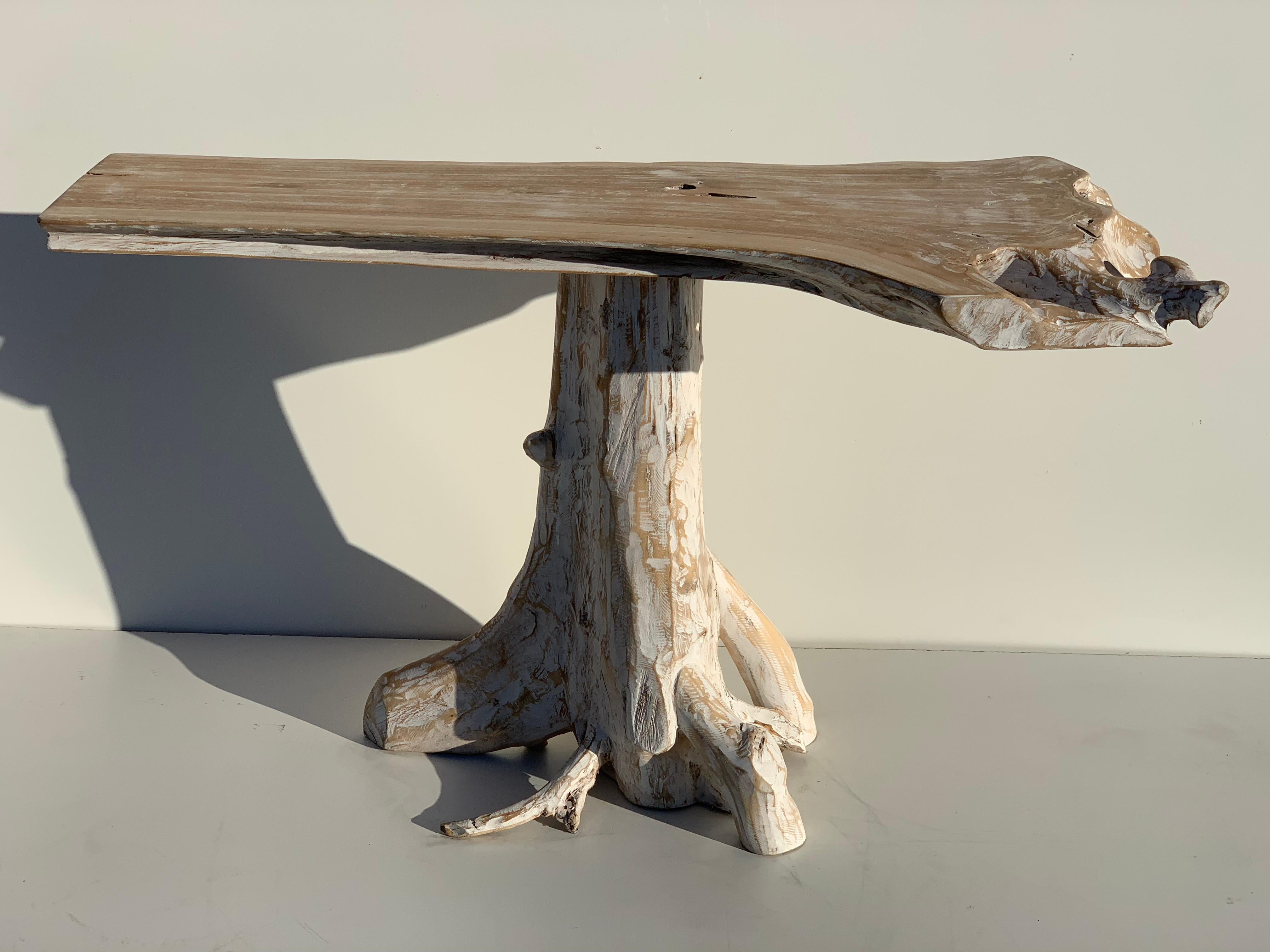 Teak root console sofa table in white wash finish. Top measures 22