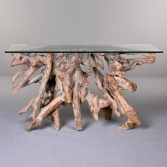 Teak Root Console Table with New Glass Top