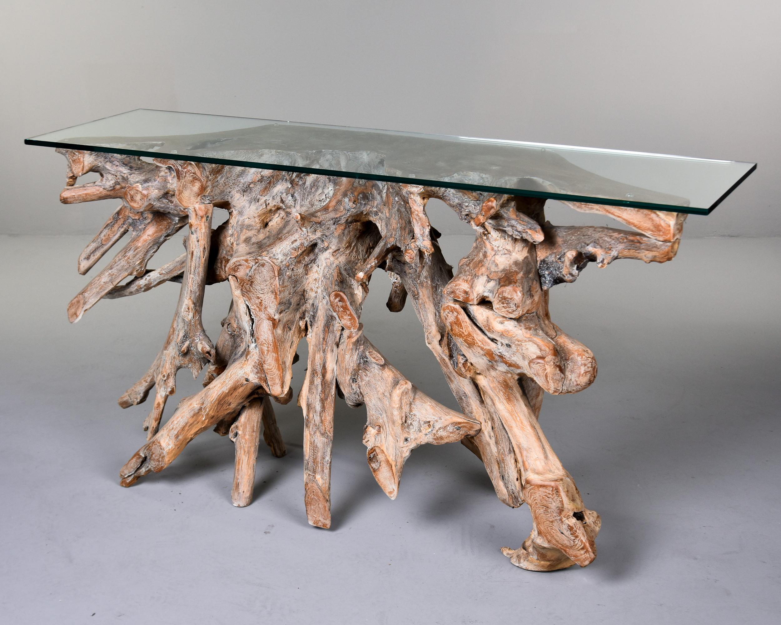 Organic Modern Teak Root Console Table with New Glass Top For Sale