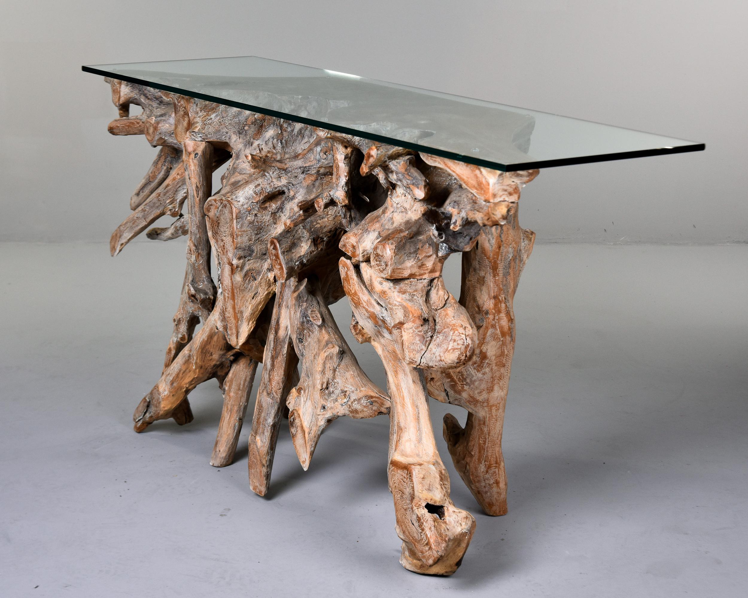 Asian Teak Root Console Table with New Glass Top For Sale