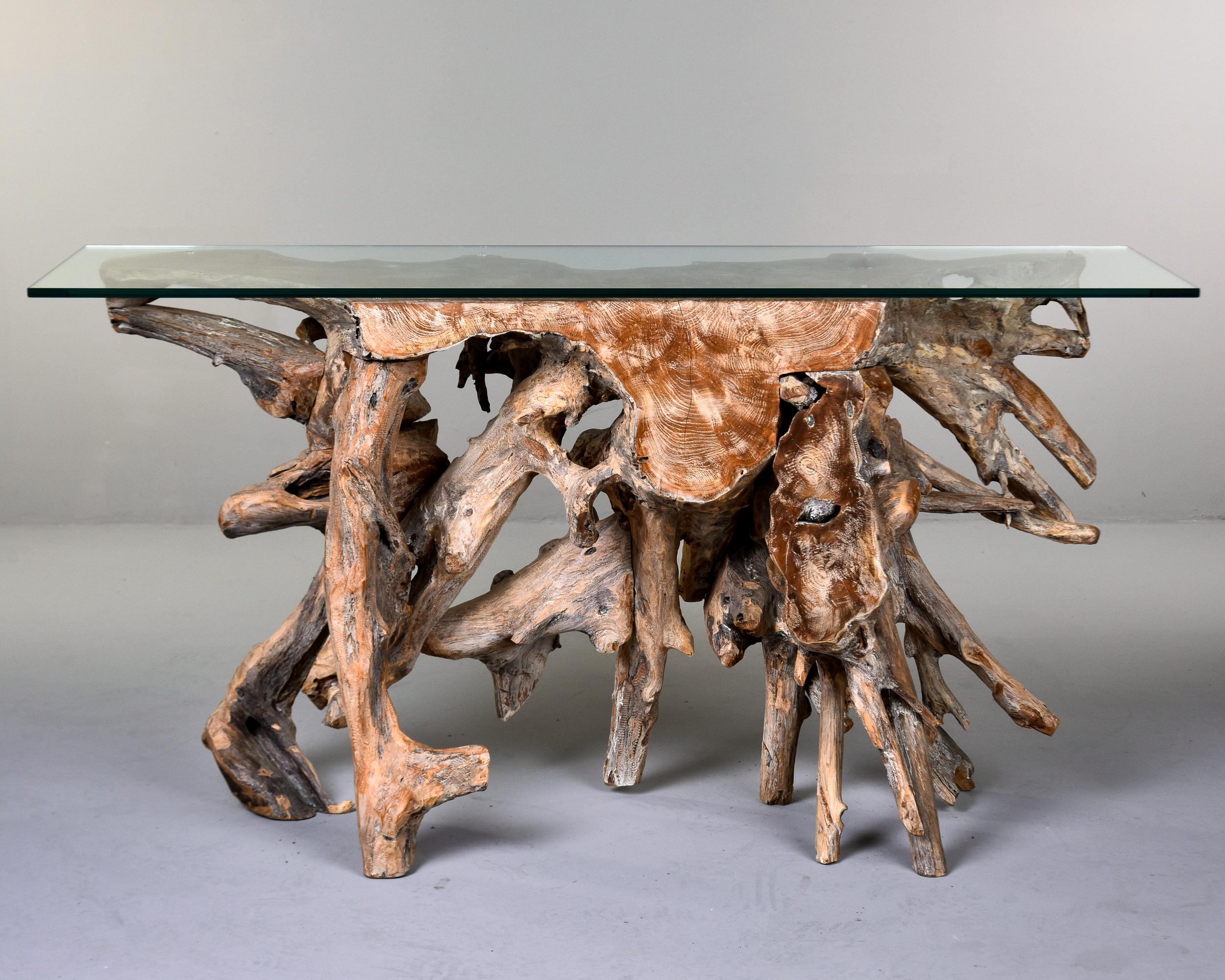 Contemporary Teak Root Console Table with New Glass Top For Sale