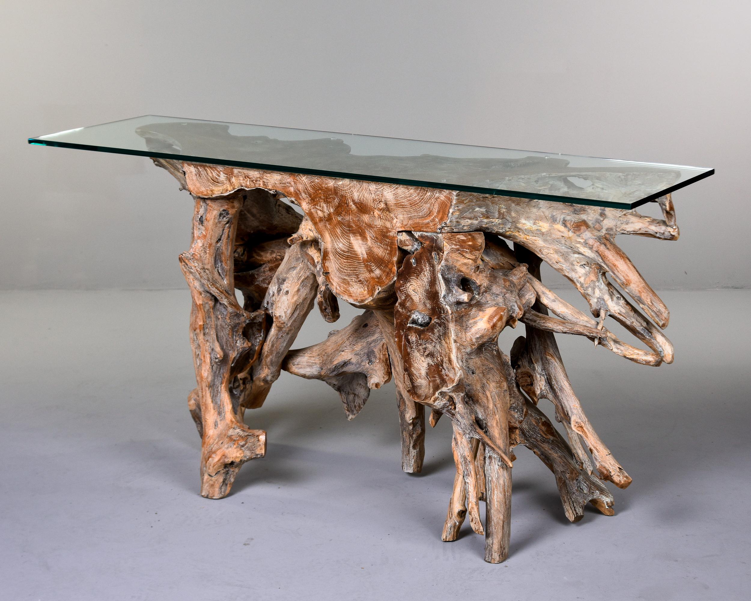 Teak Root Console Table with New Glass Top For Sale 1
