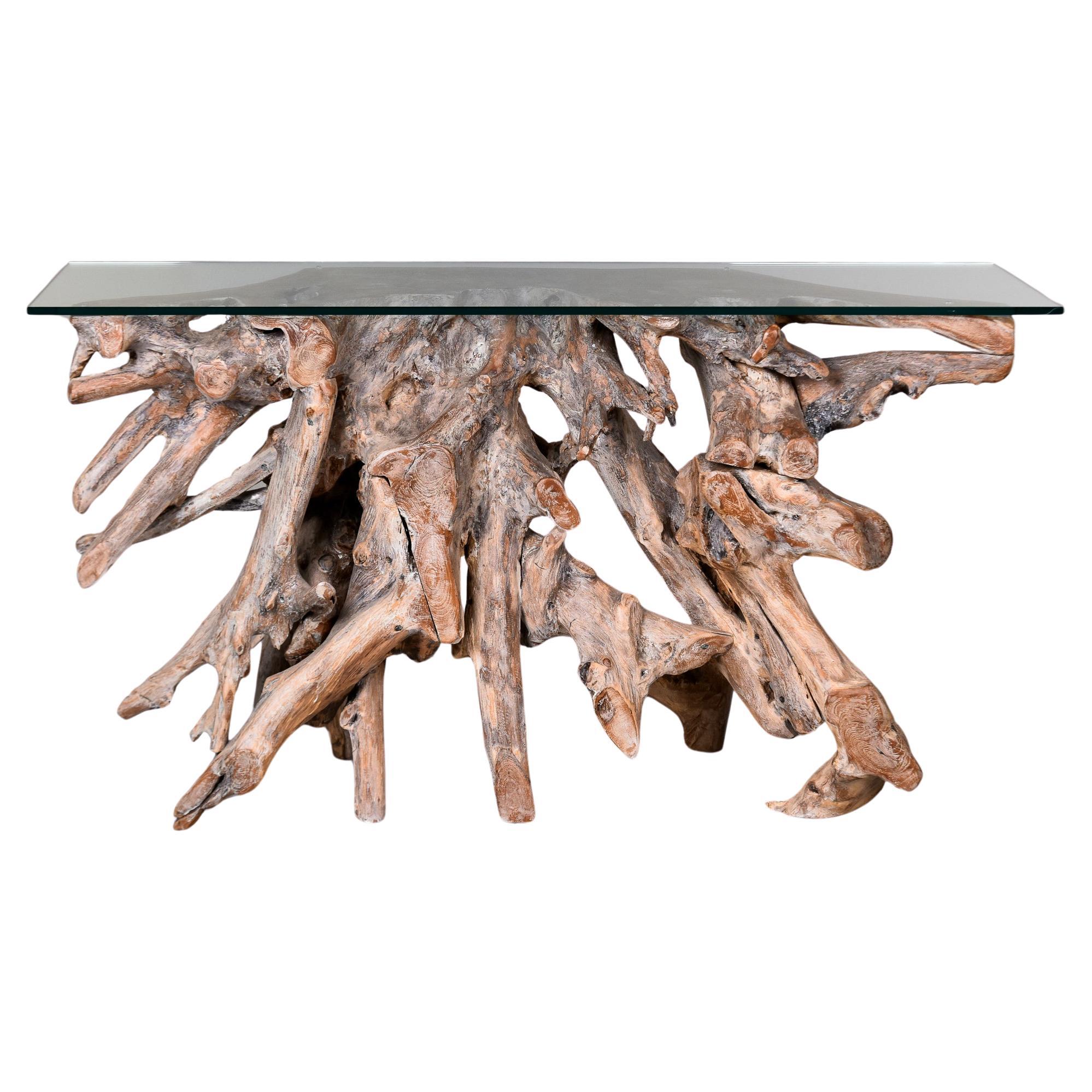 Teak Root Console Table with New Glass Top For Sale