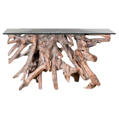 Teak Root Console Table with New Glass Top