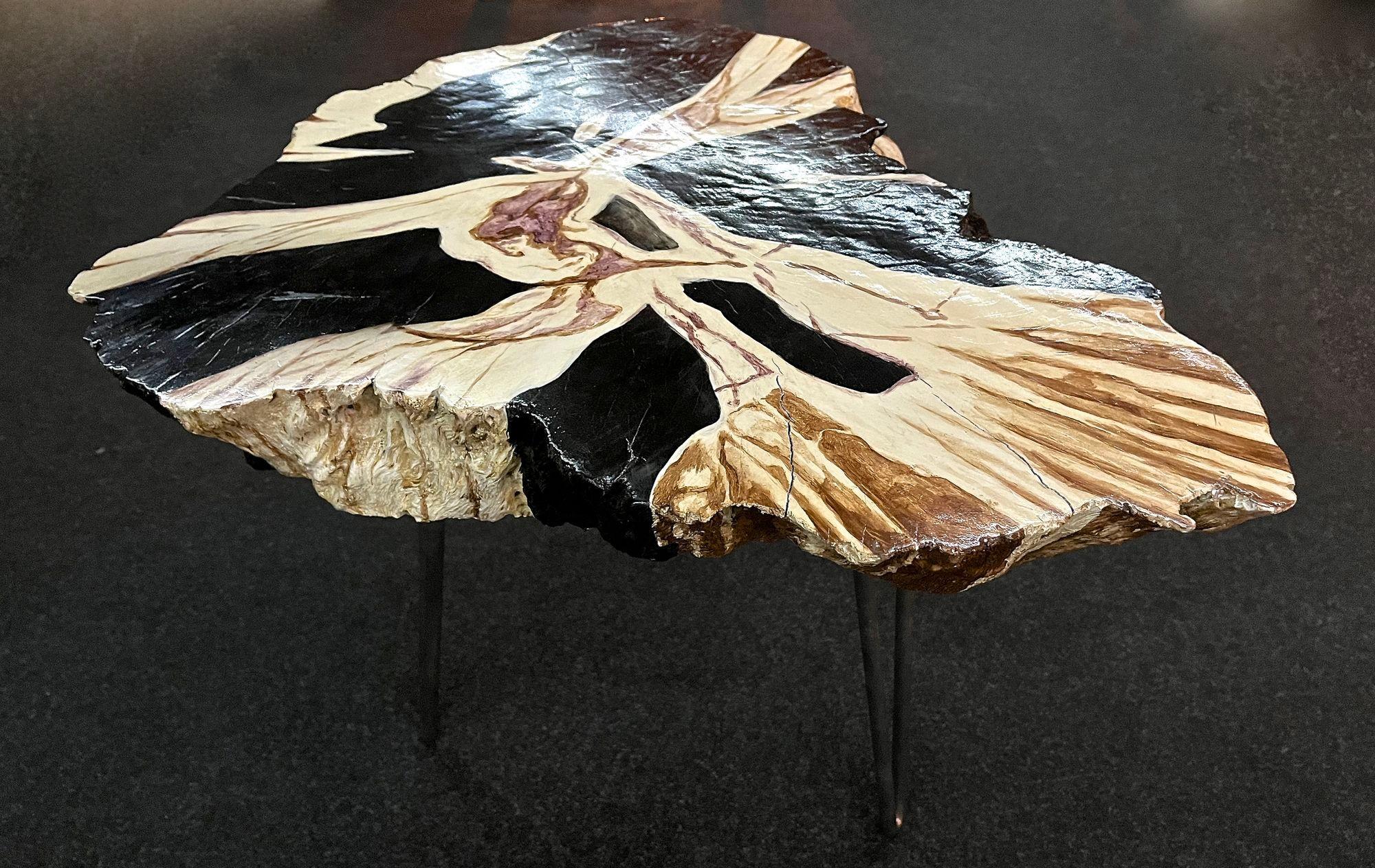 Hand-Painted Teak Root Side Table, Petrified Wood Style, Hand Painted by Artist, IDN 2023 For Sale