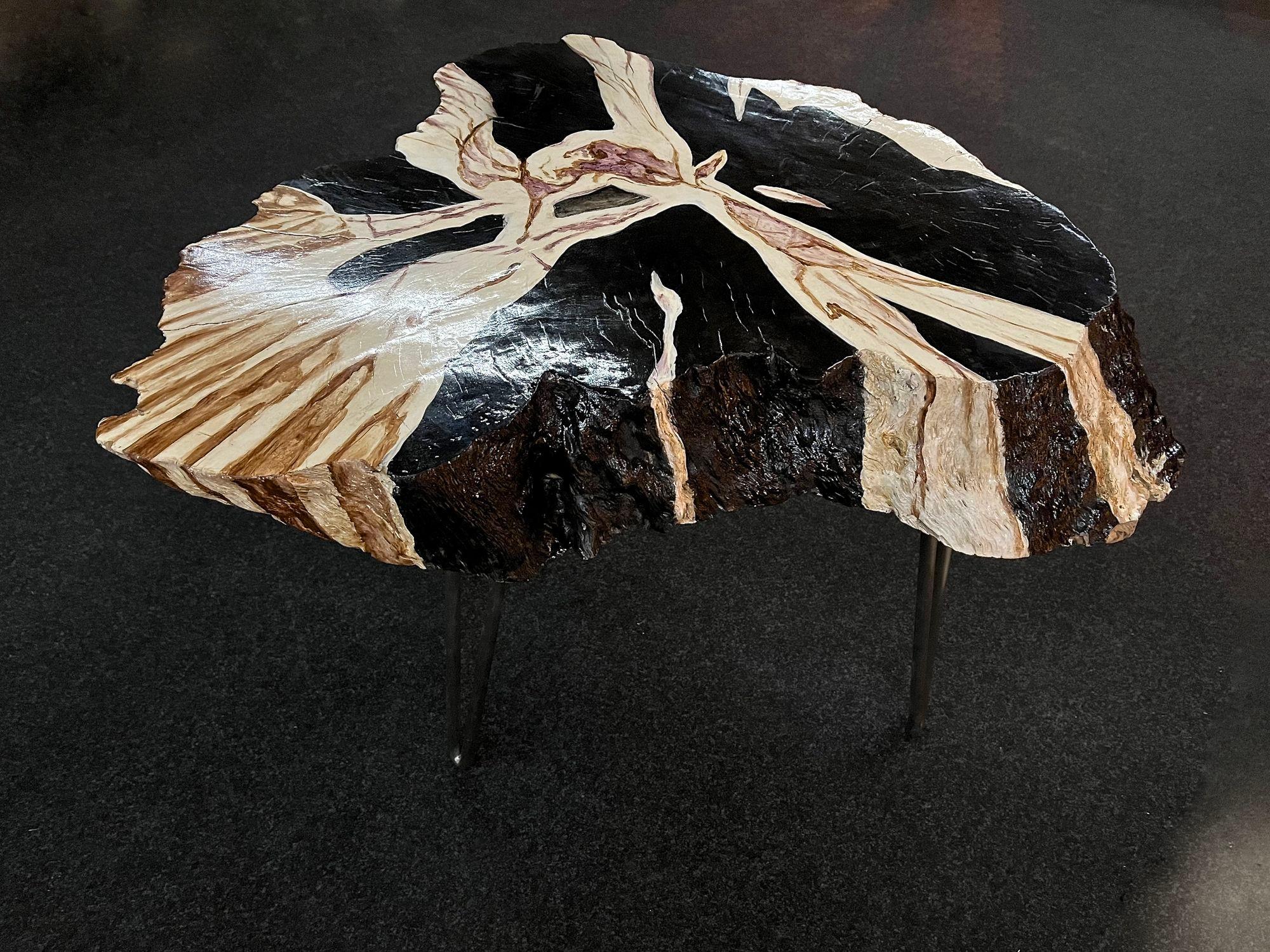 Stainless Steel Teak Root Side Table, Petrified Wood Style, Hand Painted by Artist, IDN 2023 For Sale