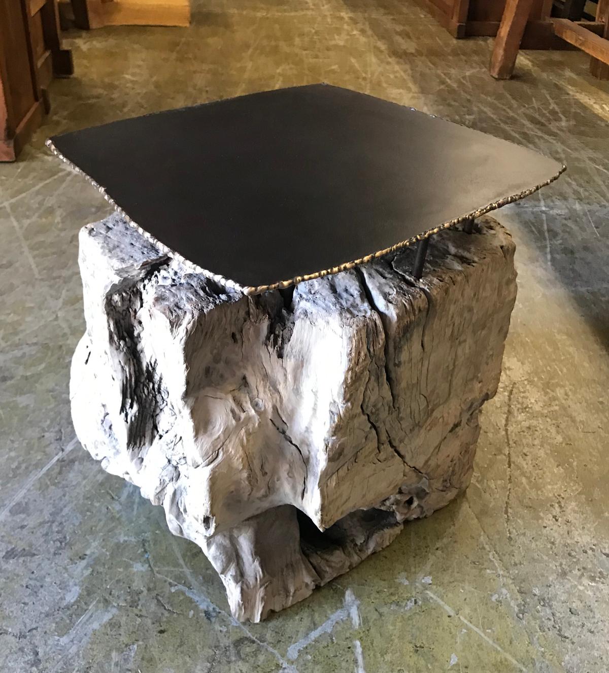 Teak Root Side Table With Iron and Bronze Top In Good Condition In Los Angeles, CA
