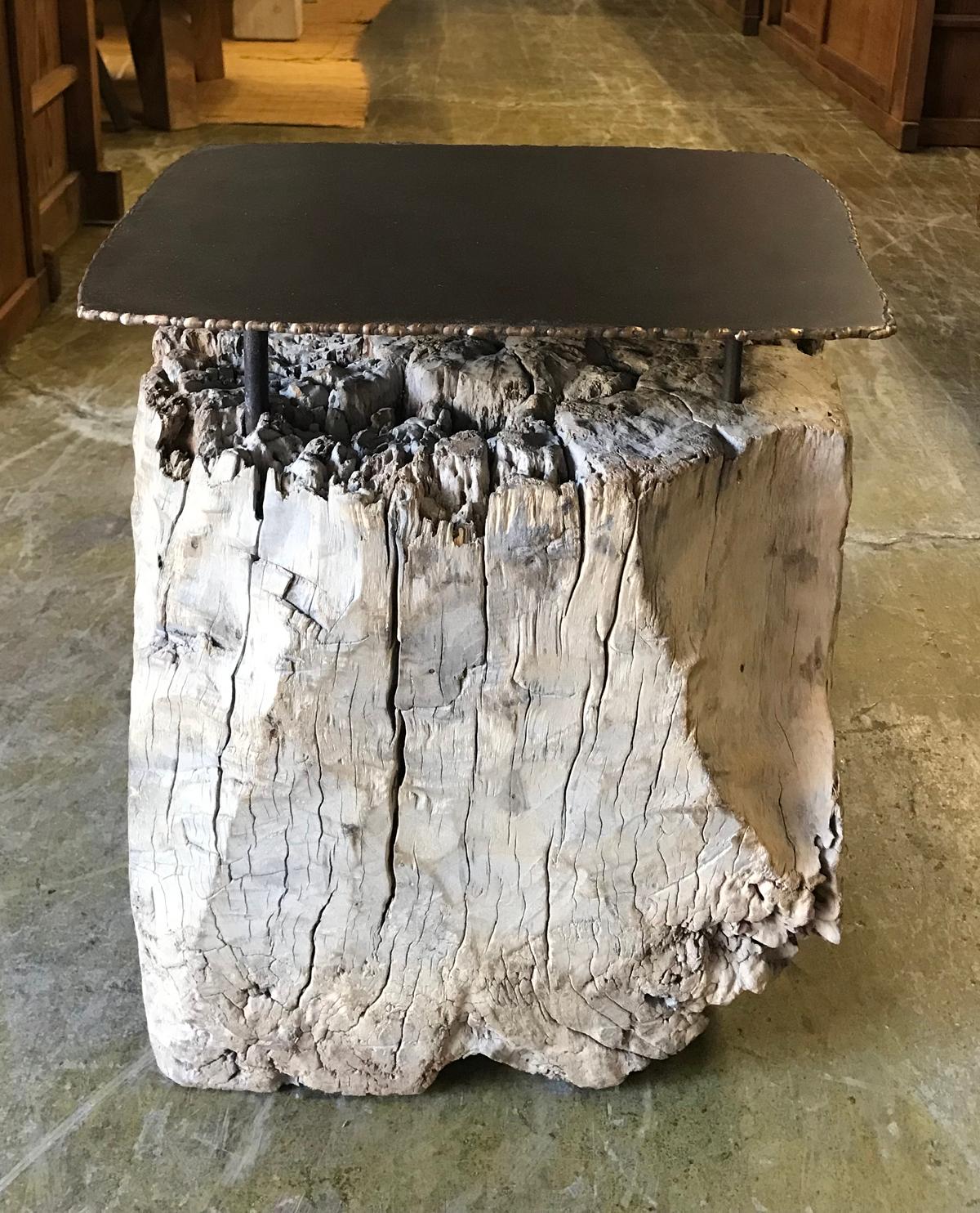 20th Century Teak Root Side Table With Iron and Bronze Top