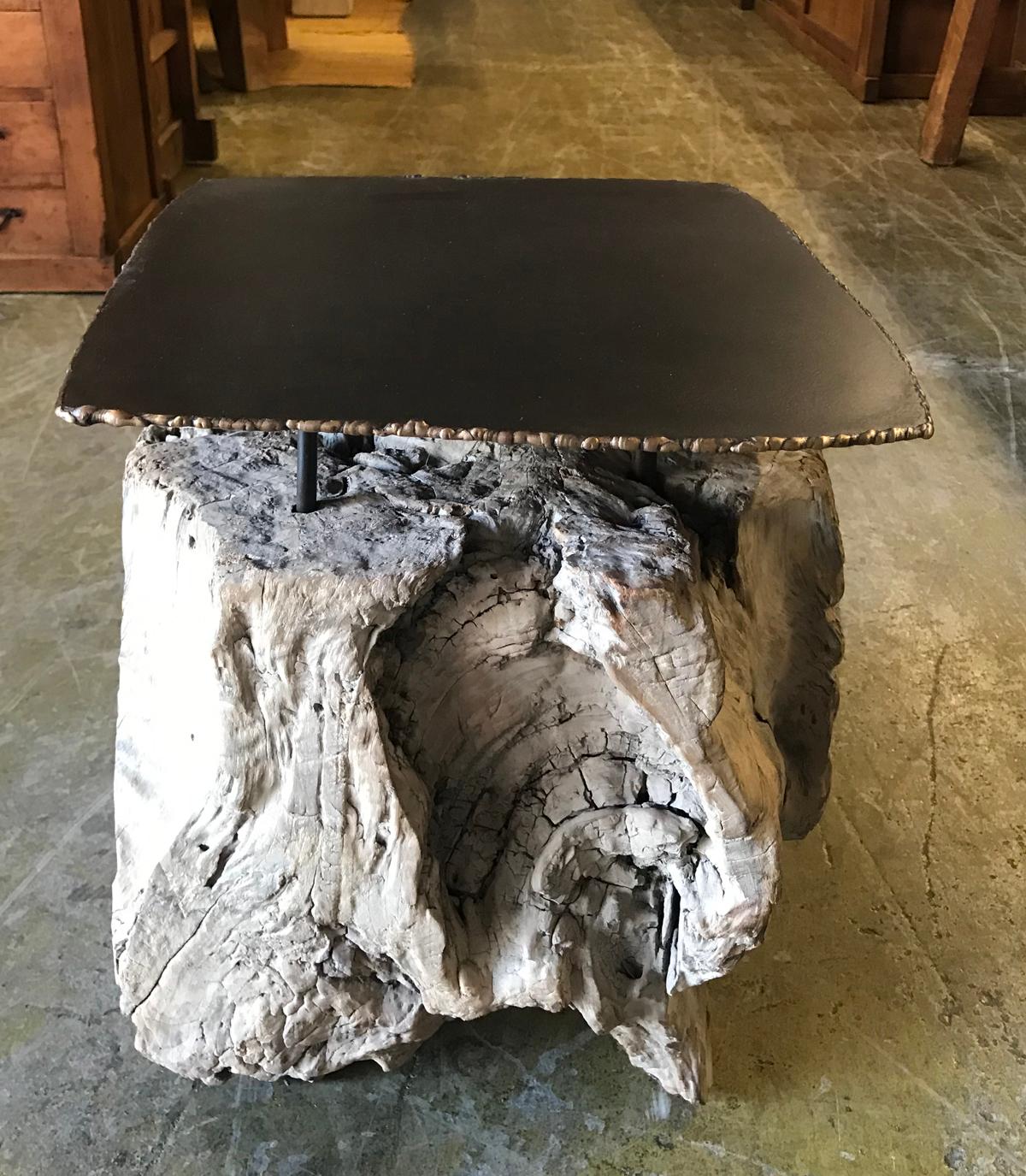 Teak Root Side Table With Iron and Bronze Top 1