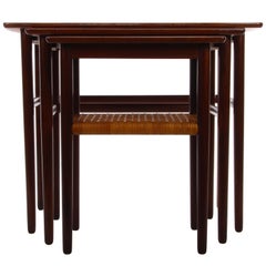 Teak & Rosewood Nest of Tables with Raised Lip, Rosewood Legs & Woven Cane 1950s