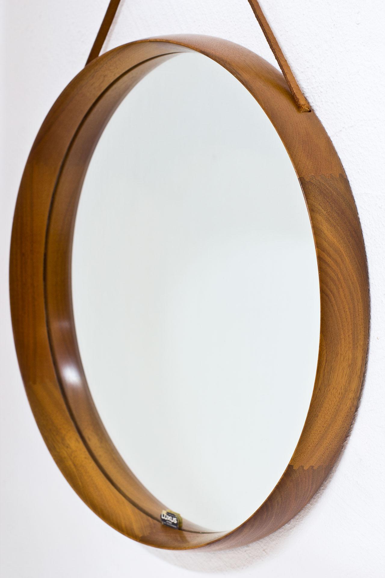 Scandinavian Modern Teak Round Wall Mirror by Uno & Östen Kristiansson for Luxus