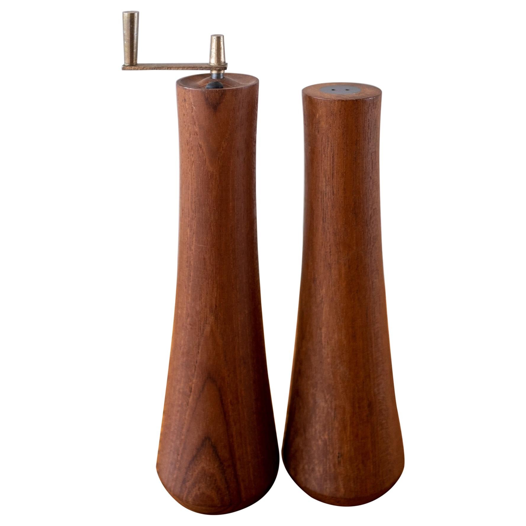 Wood Brass Salt and Pepper Shakers Mid Century Modern