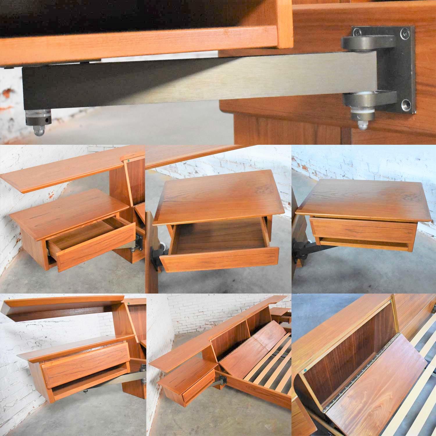 Teak Scandinavian Modern Cal King Storage Platform Bed & Swing-Arm Nightstands 3