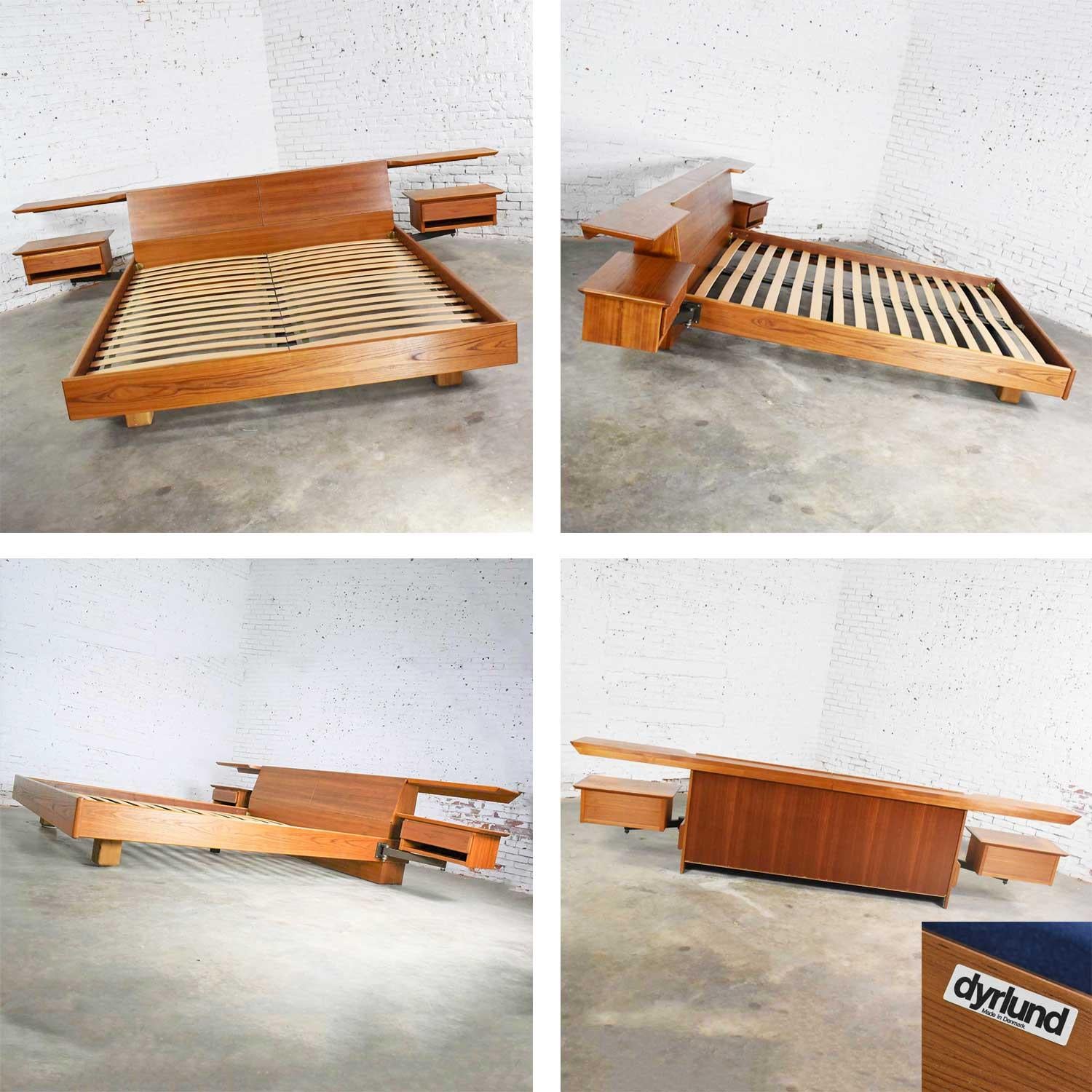 Teak Scandinavian Modern Cal King Storage Platform Bed & Swing-Arm Nightstands 4