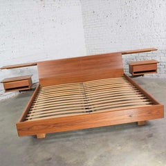 Teak Scandinavian Modern Cal King Storage Platform Bed & Swing-Arm Nightstands