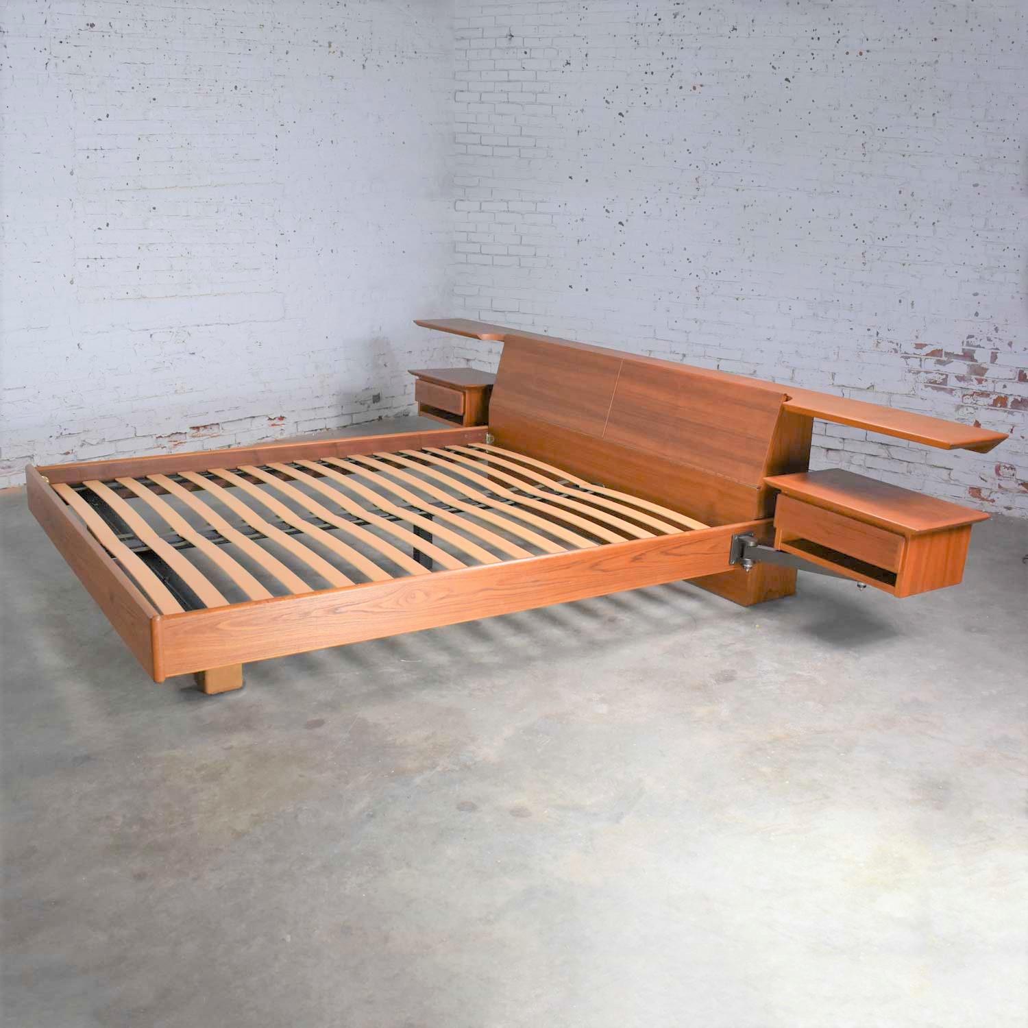 20th Century Teak Scandinavian Modern Cal King Storage Platform Bed & Swing-Arm Nightstands