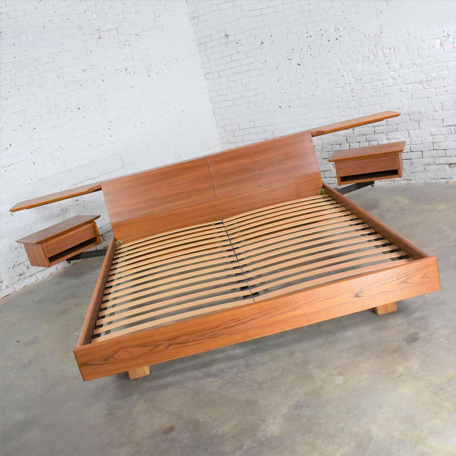Teak Scandinavian Modern Cal King Storage Platform Bed & Swing-Arm Nightstands 1