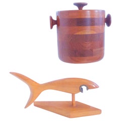 Vintage Teak Scandinavian Modernist Barware, Ice Bucket and Bottle Opener, 1960s