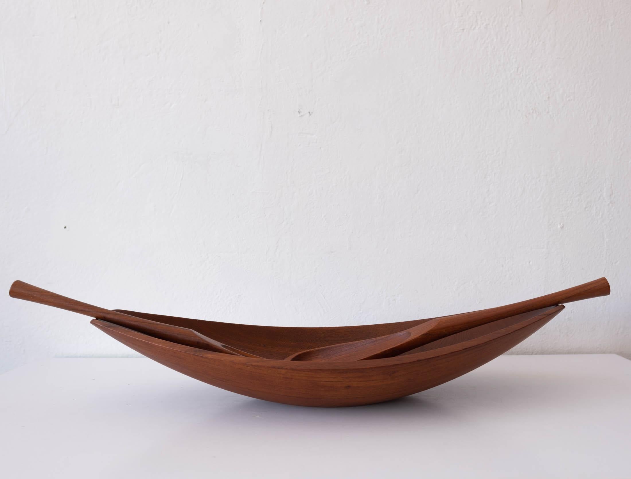 Danish Teak Sculptural Canoe Bowl and Tongs by Jens Quistgaard for Dansk